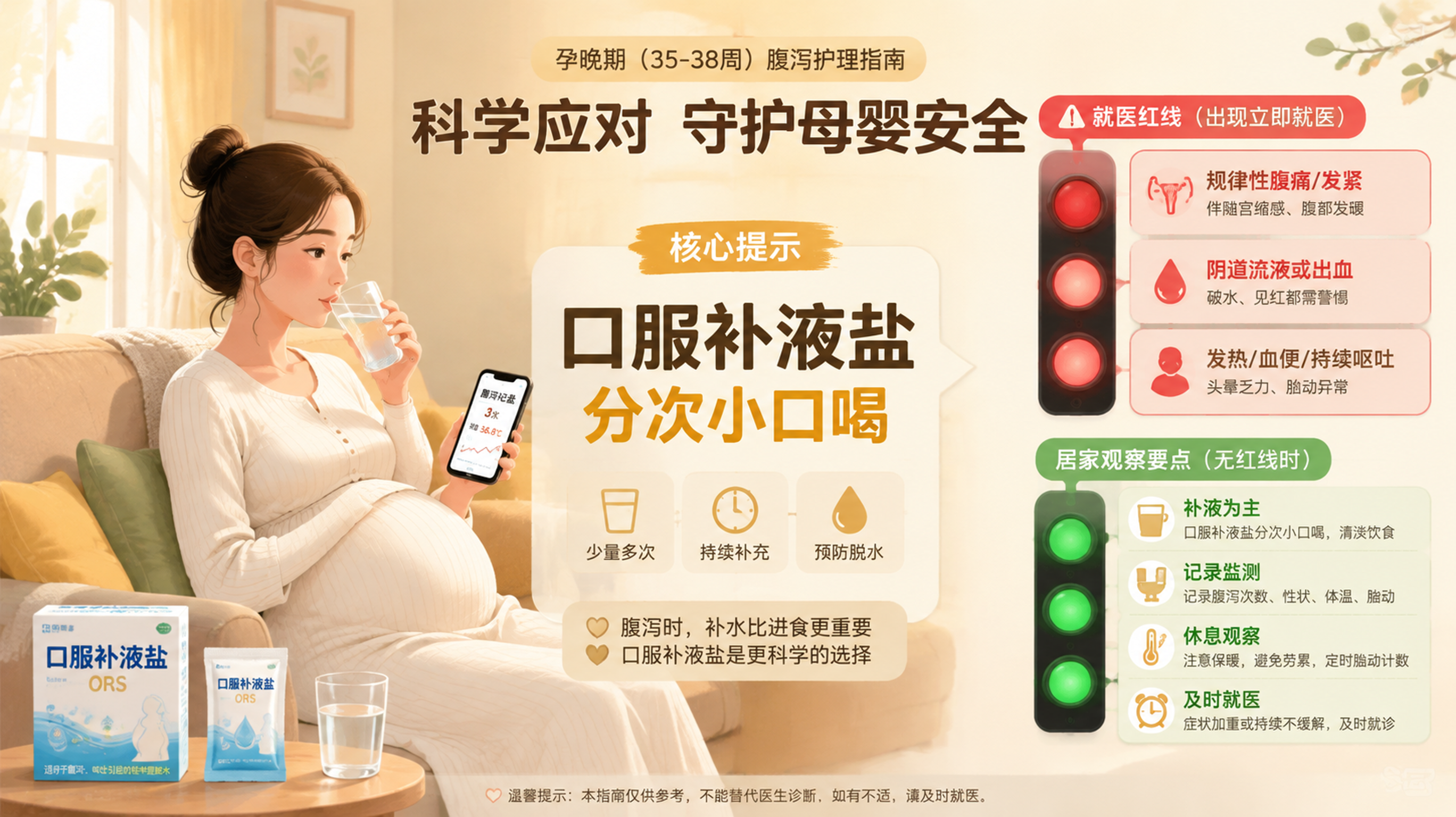 温暖米色背景的清爽插画信息图，中国孕晚期女性（35-38周形象）坐在家中沙发上，一手拿水杯小口喝，一