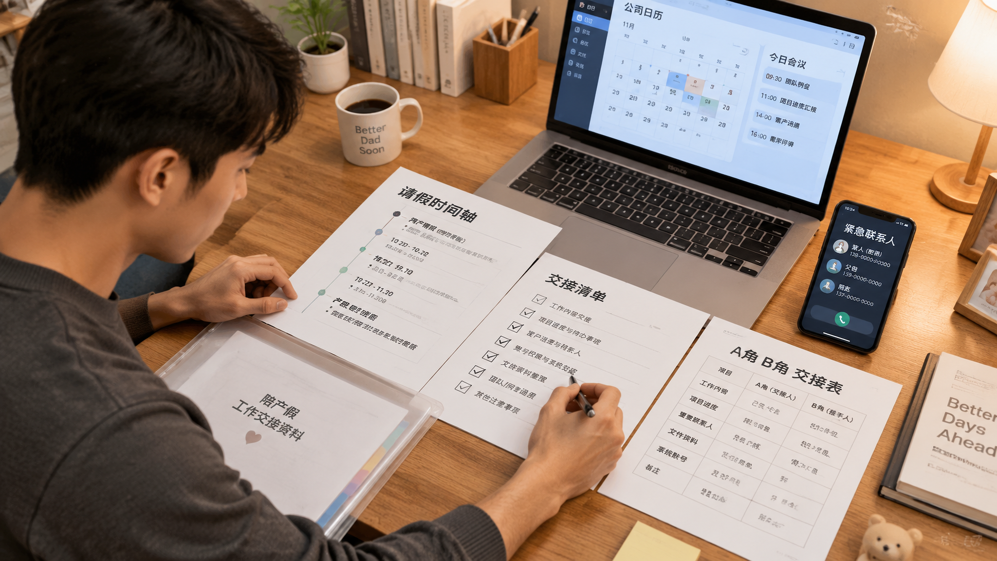 中国年轻准爸爸在家中书房的桌前整理陪产假与工作交接清单，桌面上有打印的时间轴表格、A角B角交接表、手