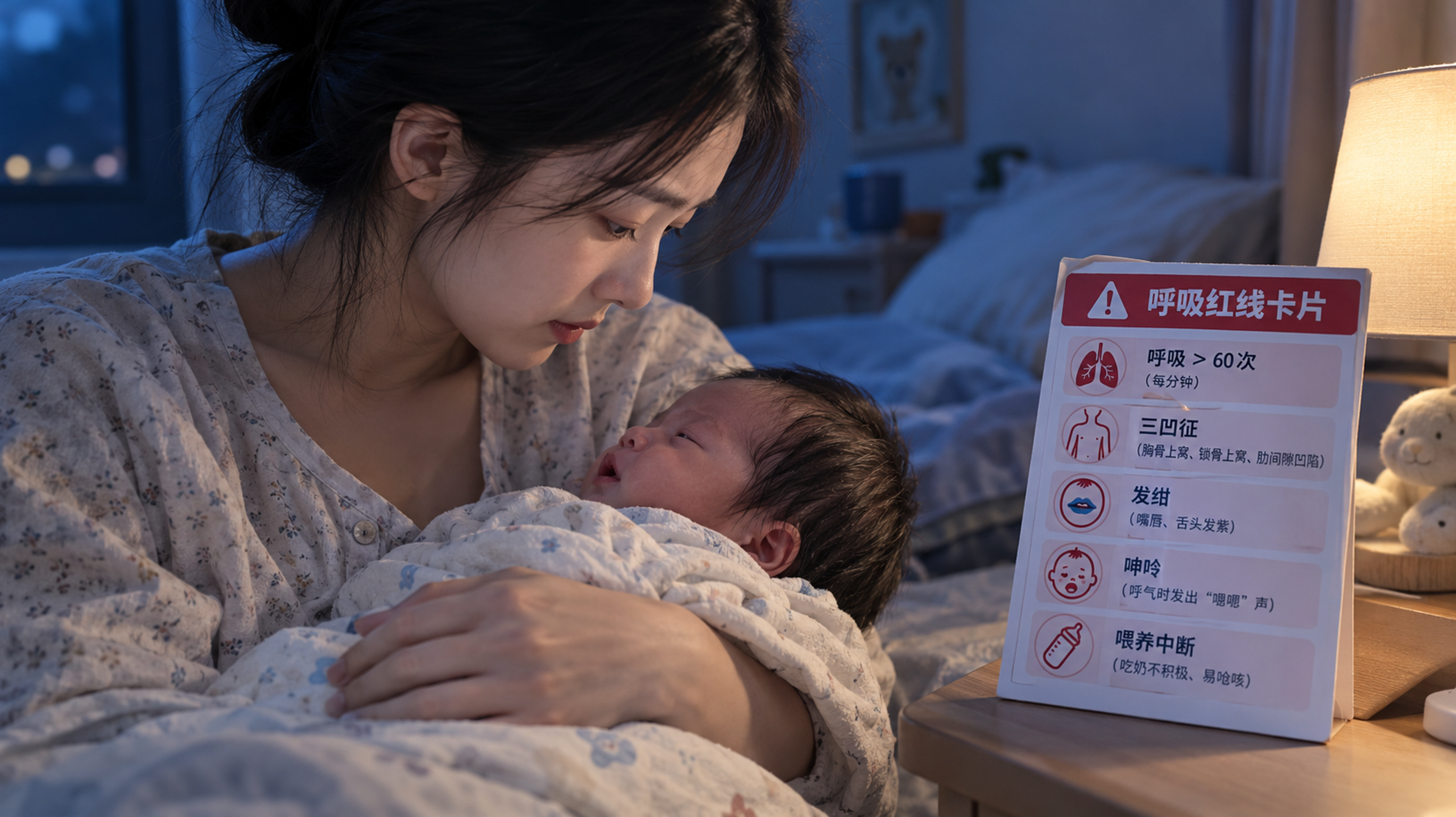 中国年轻妈妈在夜间卧室抱着中国新生儿，妈妈低头观察宝宝呼吸，旁边有一张清晰的“呼吸红线卡片”提示：呼