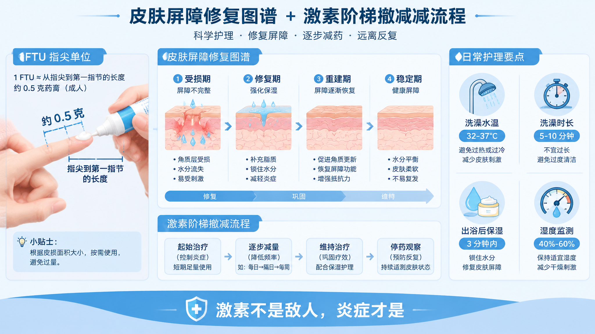 冷白底医学科普风信息图海报，画面中心为“皮肤屏障修复图谱+激素阶梯撤减流程”，左侧绘制FTU指尖单位