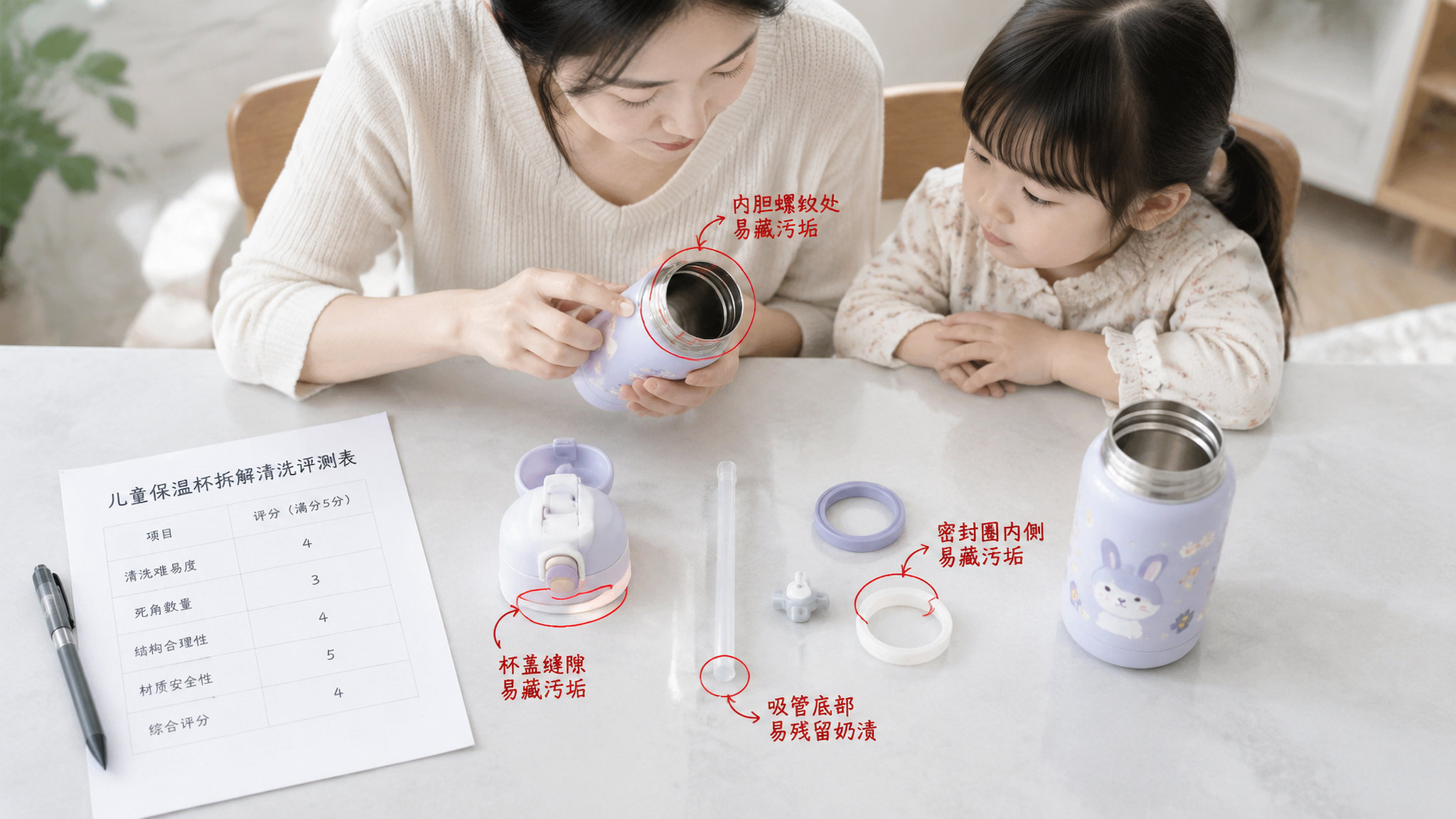 俯拍构图，中国年轻妈妈在餐桌上对一只儿童保温杯做拆解检查，旁边坐着中国幼儿安静观察；保温杯被拆成杯盖