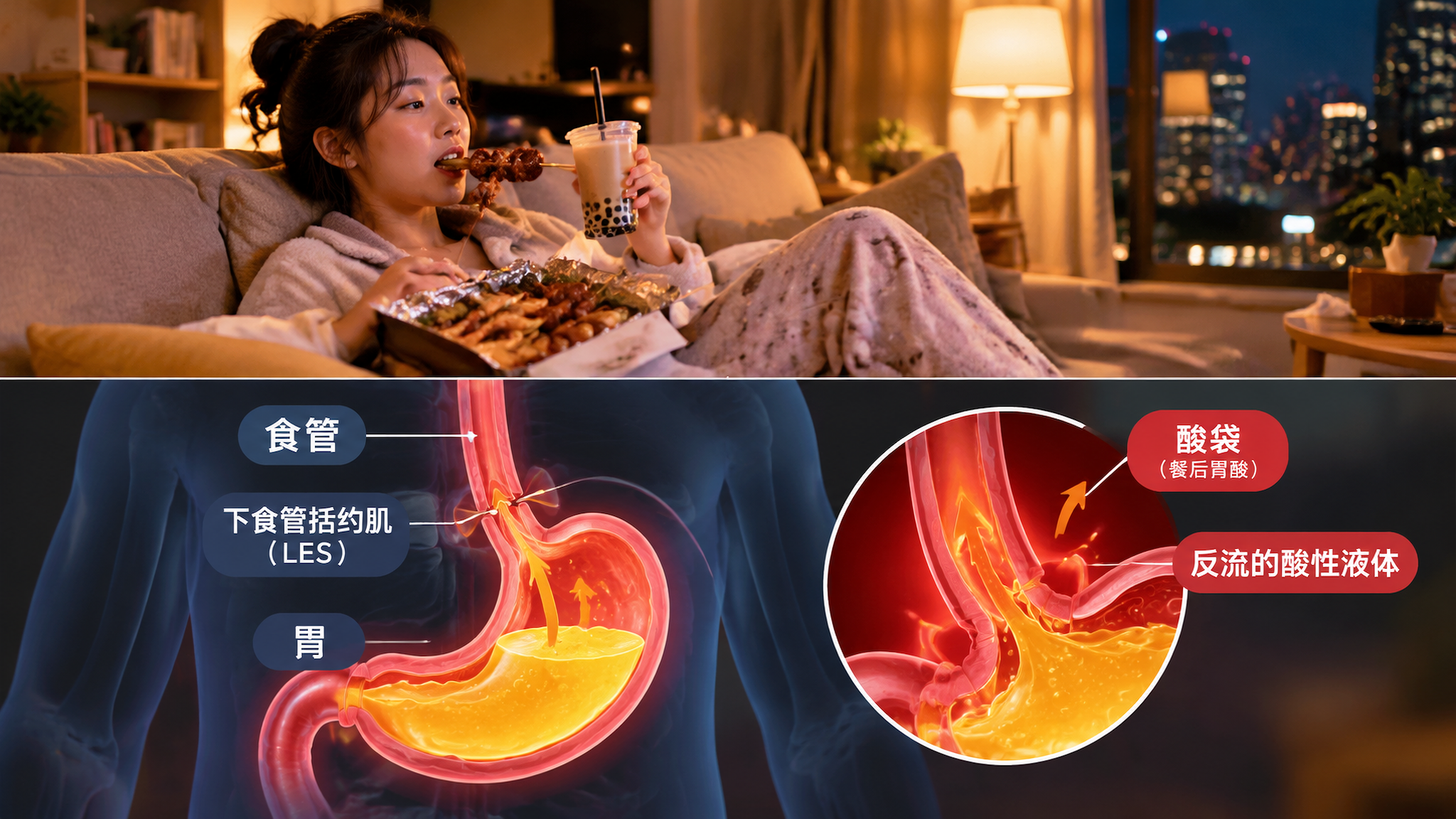 深夜城市公寓客厅场景，中国年轻上班族女性穿舒适家居服，手里拿着外卖烧烤盒和一杯奶茶，刚吃完半躺在沙发