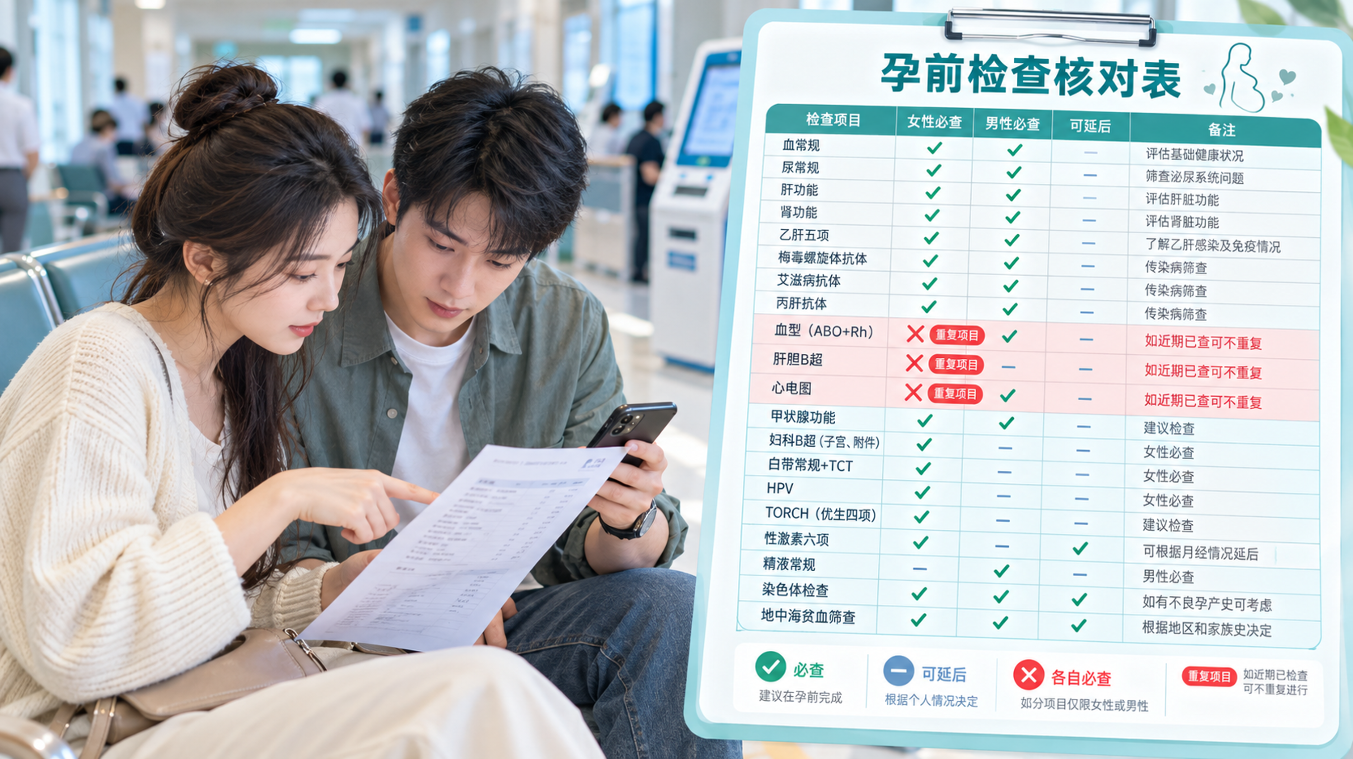 中国年轻夫妻在医院走廊的自助机旁或候诊区长椅上，手里拿着手机查看电子开单明细与纸质清单，对照核对项目