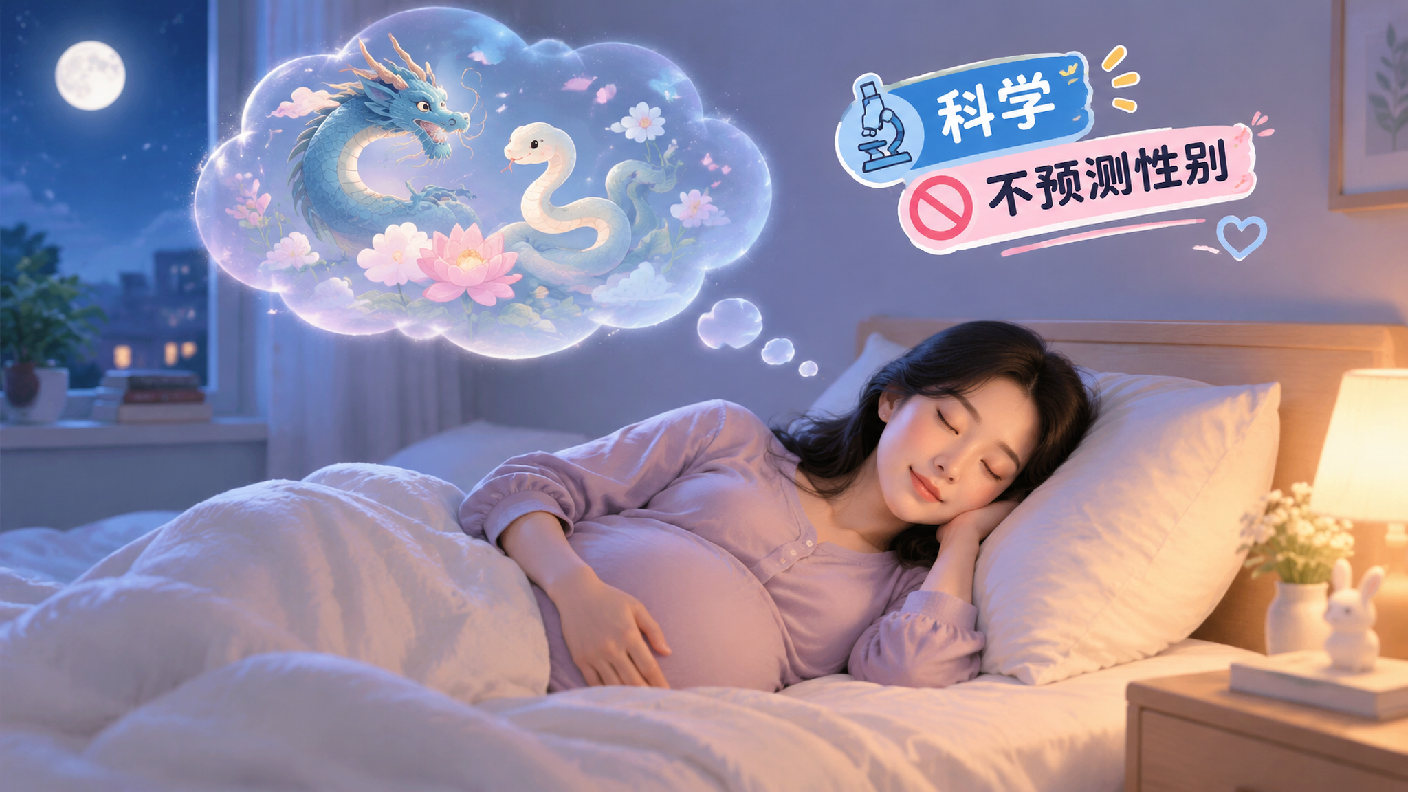 夜晚卧室场景,中国孕妇侧躺在床上安静入睡,床头暖色小夜灯,窗外可见月亮;孕妇头顶漂浮半透明梦境气泡,