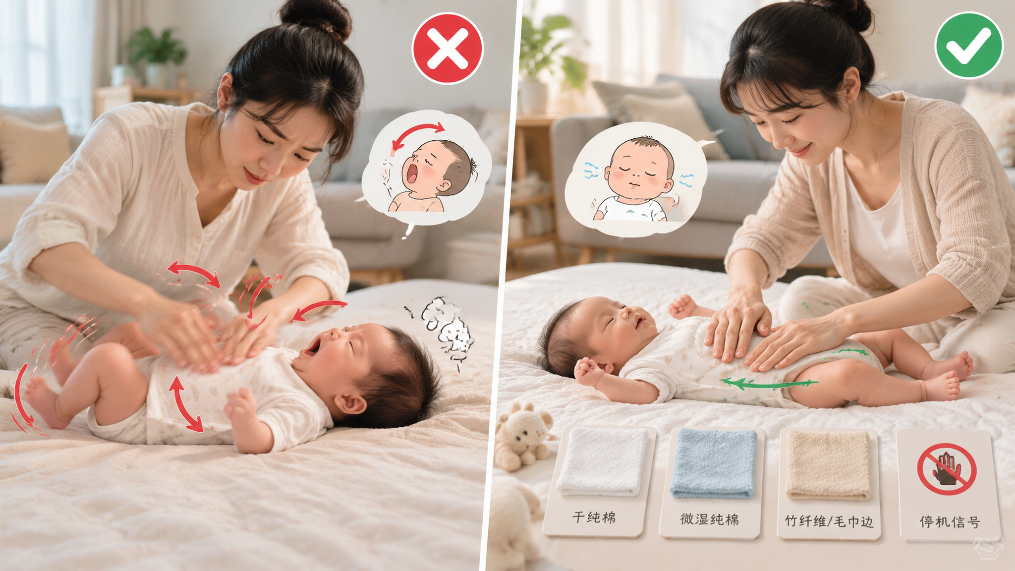 中国年轻妈妈在夏日开着柔和空调的客厅里,给中国新生儿做安抚抚触,宝宝躺在浅色床垫上,妈妈用整只手掌缓