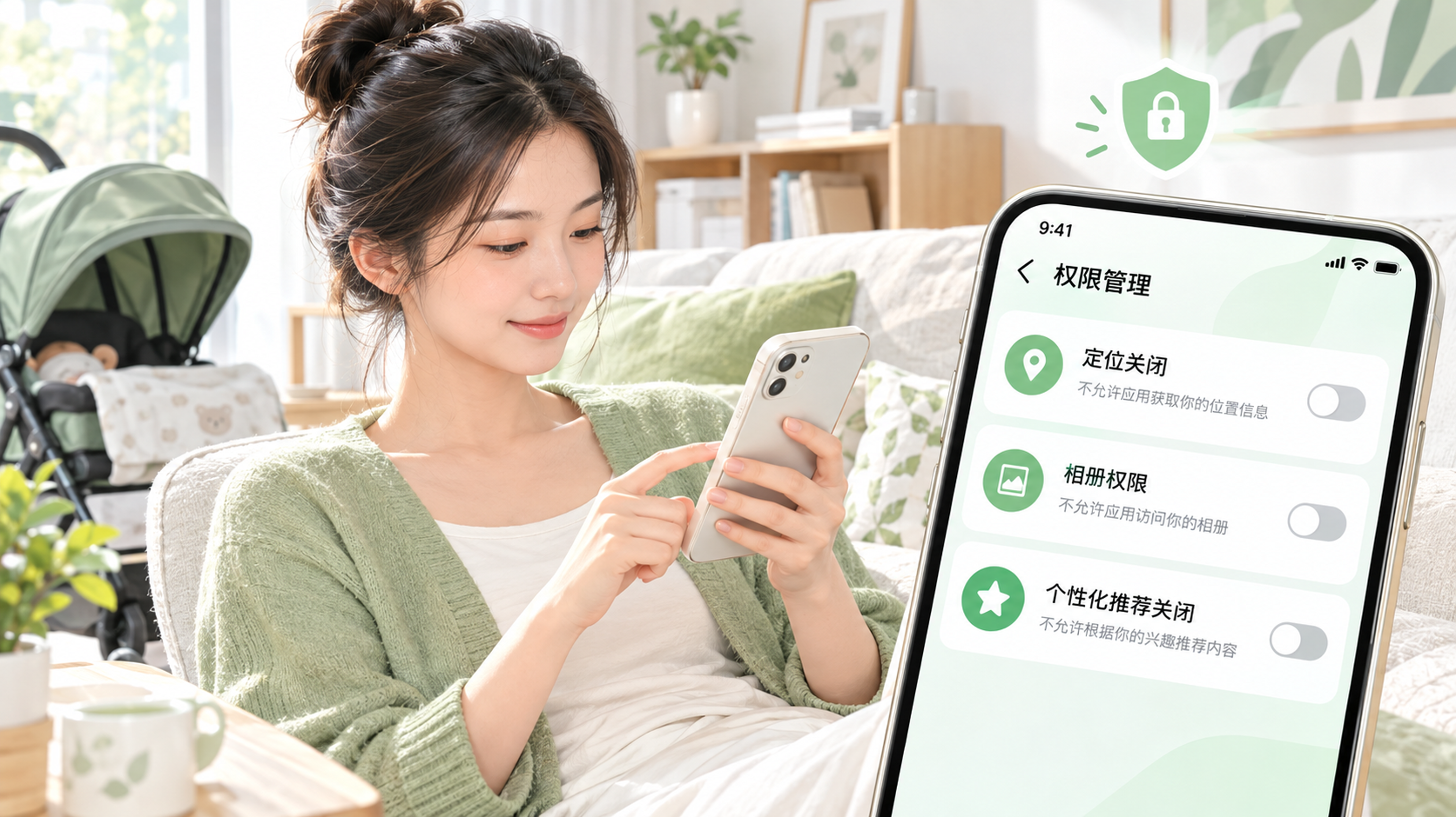 绿白清新配色的手机界面示意图风格插画，场景为中国年轻妈妈在家中客厅沙发上拿着手机进行隐私设置检查，旁