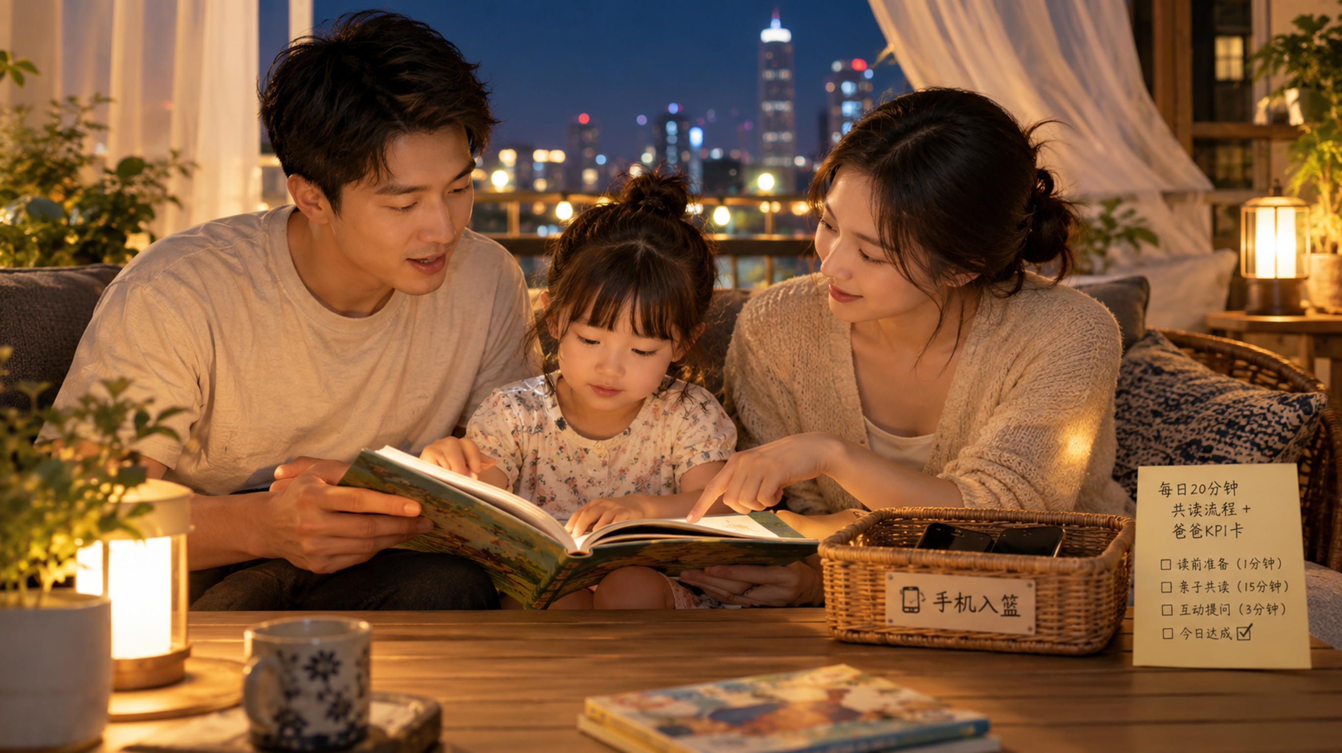 中国年轻三口之家在夏夜露台进行亲子共读，暖黄色夜灯照明，爸爸坐在一侧手拿绘本朗读旁白，妈妈在另一侧温