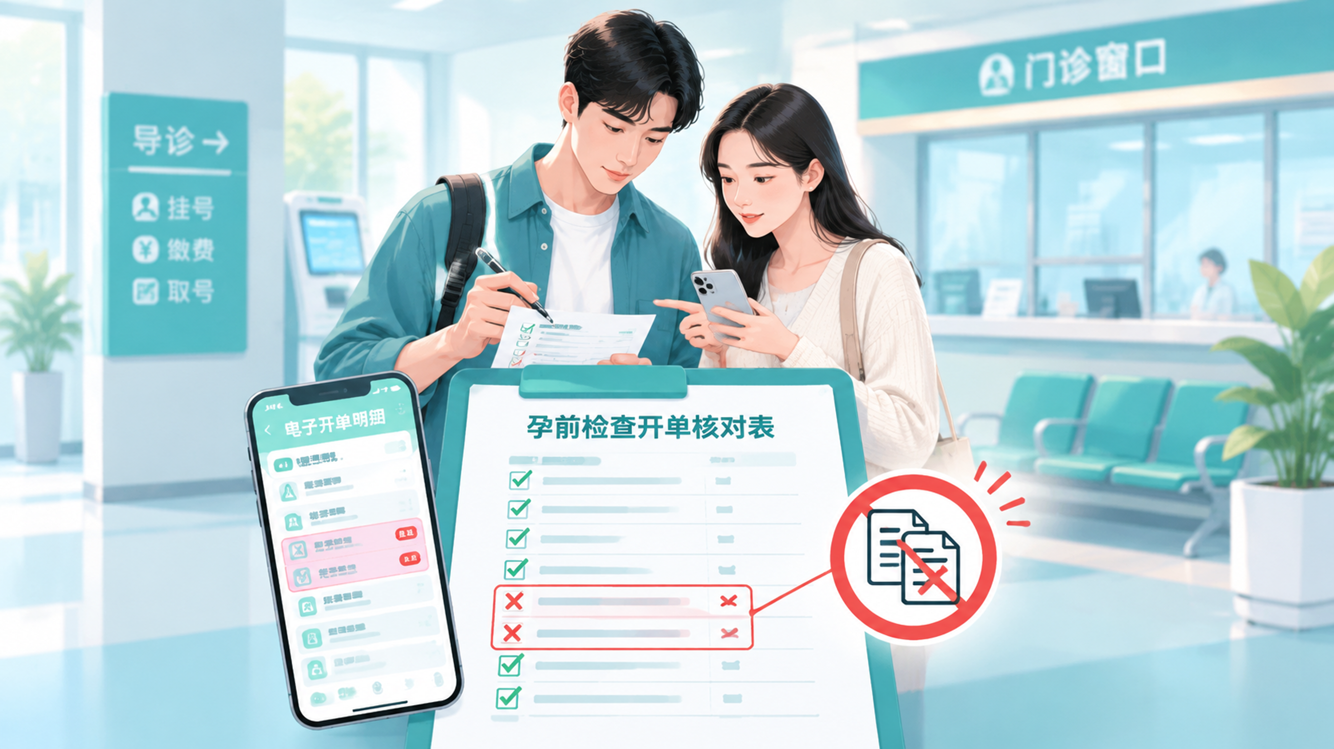 理性蓝绿清单风插画/信息图,场景为医院门诊窗口旁的等候区,中国年轻夫妻站在一起核对手机里的电子开单明