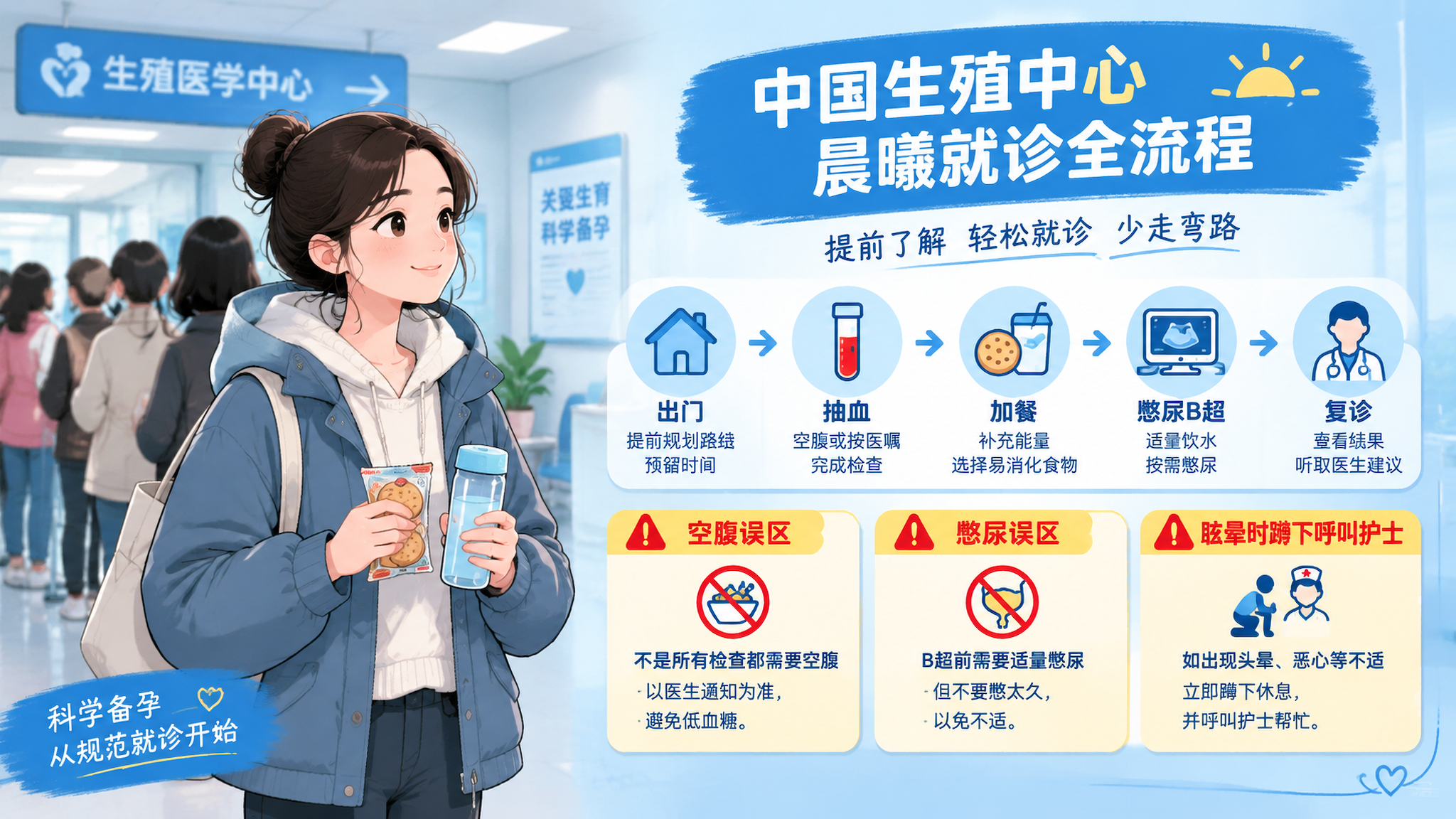 中国生殖中心清晨就诊场景的流程信息图风格插画，一位中国年轻女性在医院走廊排队，穿分层外套，手里拿着小