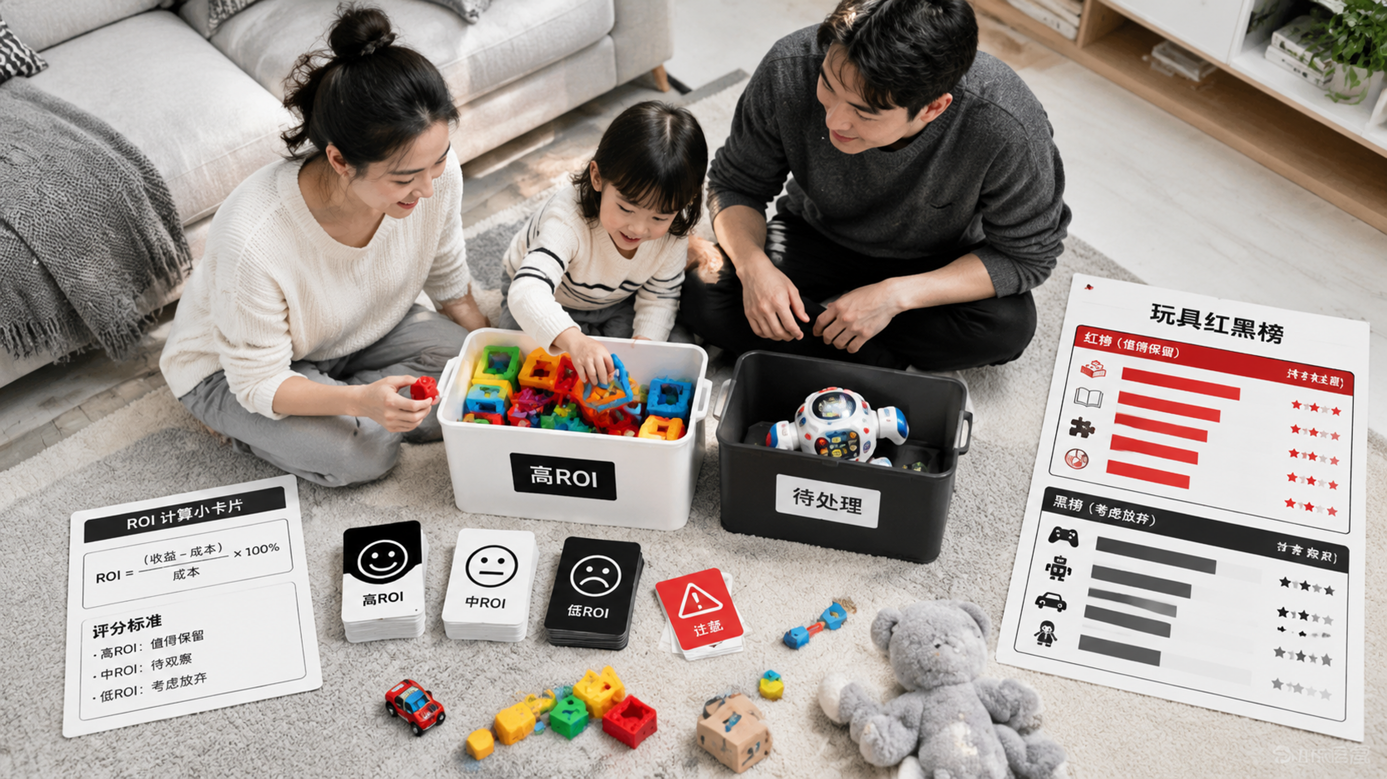 中国年轻妈妈与中国爸爸在明亮整洁的家庭客厅里，和一位3-6岁中国幼儿一起在地毯上整理玩具并做“ROI