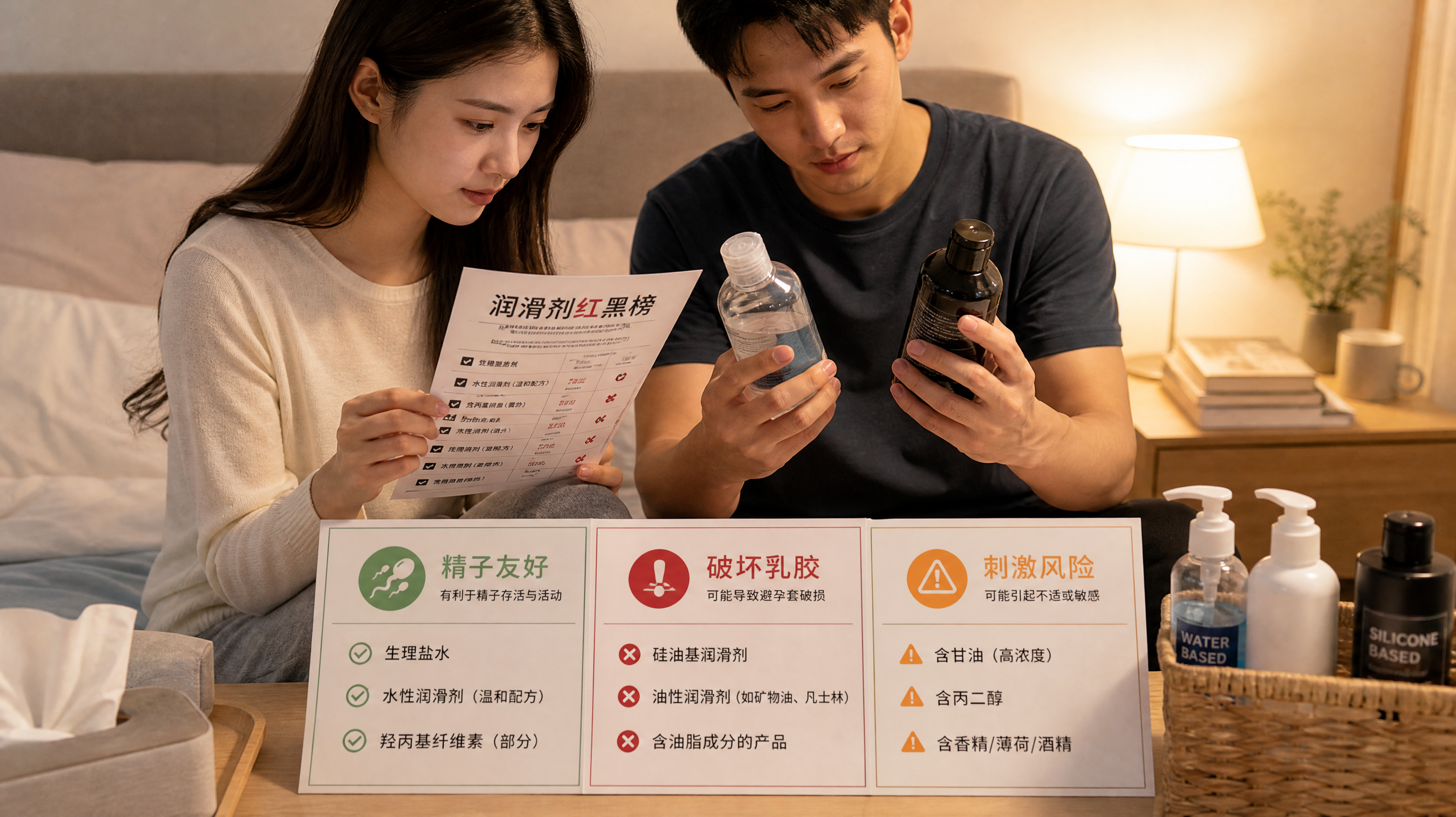 中国年轻夫妻在卧室床头柜前整理物品的生活场景,女性坐在床边表情认真查看一张“润滑剂红黑榜”清单,男性
