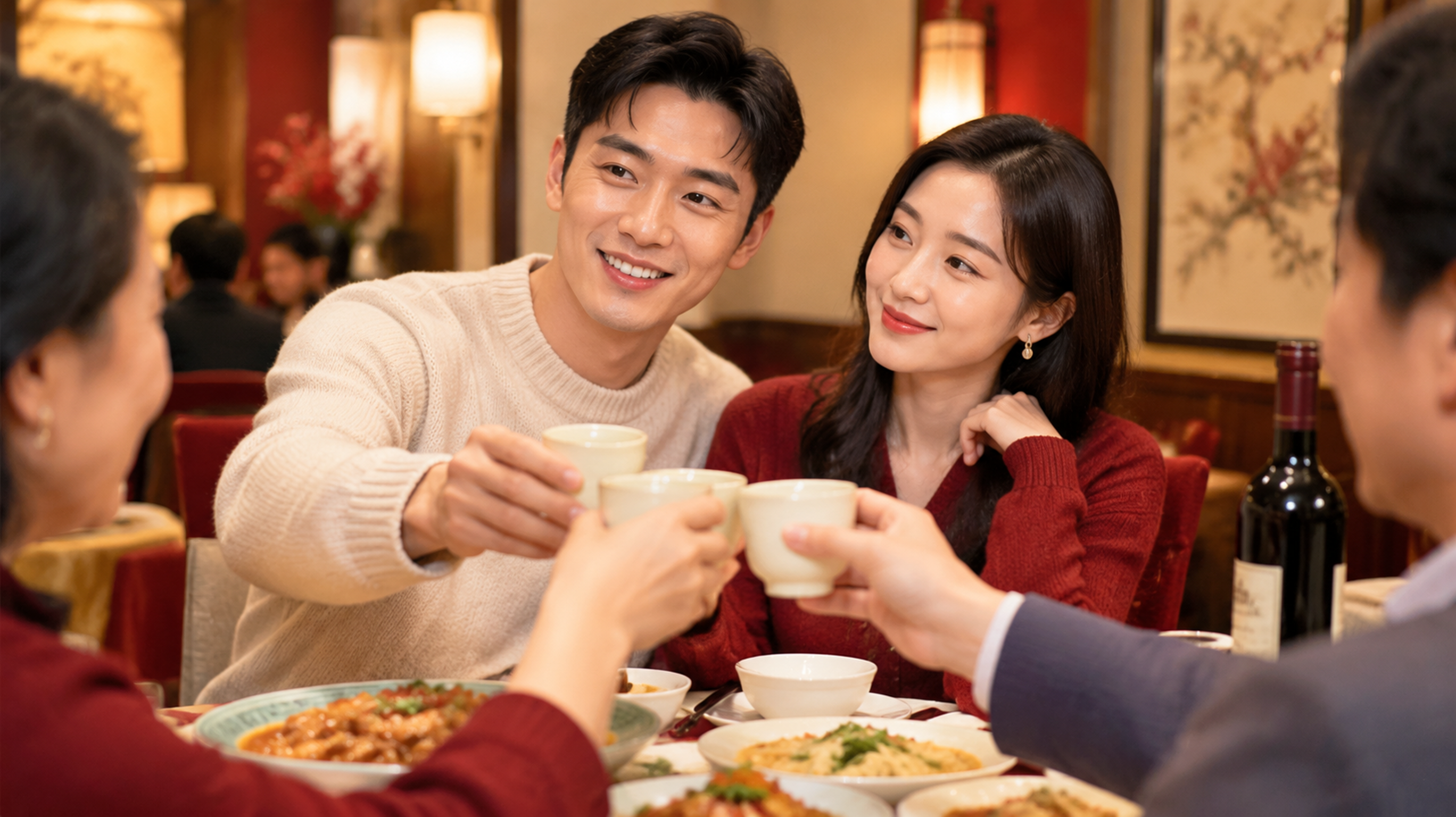 中国年轻夫妻在秋冬餐厅聚餐场景中,周围有亲友围坐的饭桌与菜肴,但画面主体聚焦在夫妻二人,男性微笑坚定