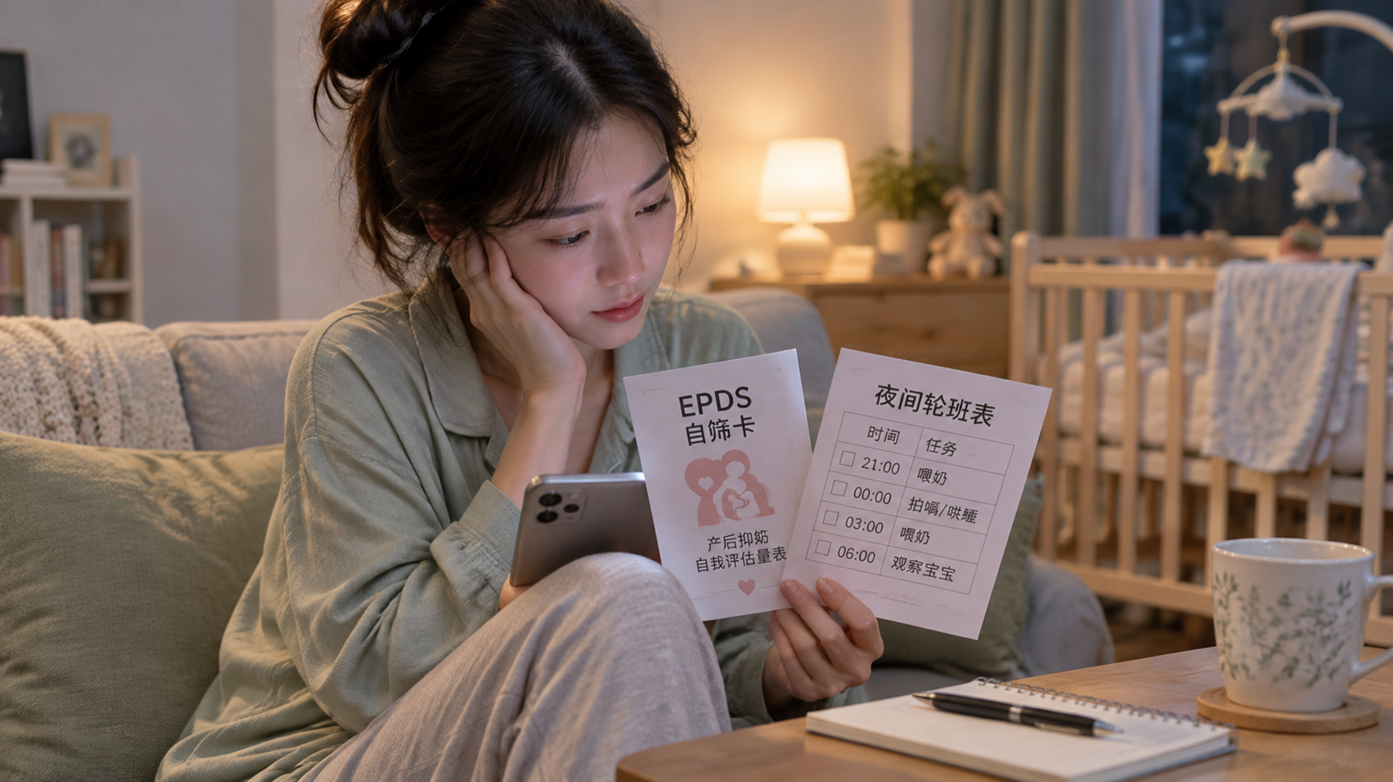 中国年轻妈妈在夜晚的家中客厅，穿宽松家居服，坐在沙发边手握手机查看一张“EPDS自筛卡”和“夜间轮班