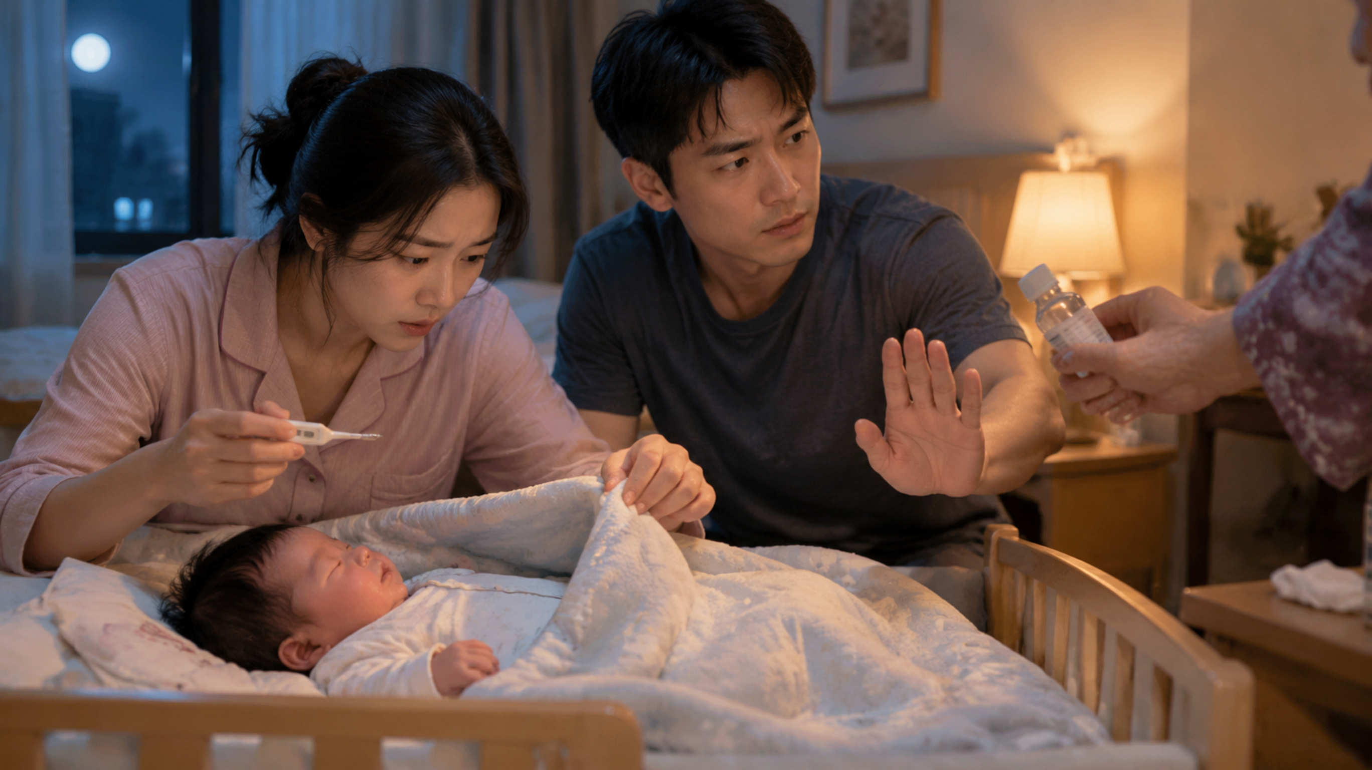 中国年轻父母在夜晚卧室中照看中国新生儿,妈妈一手拿体温计一手轻轻掀开宝宝身上的厚被子,爸爸在旁边温和