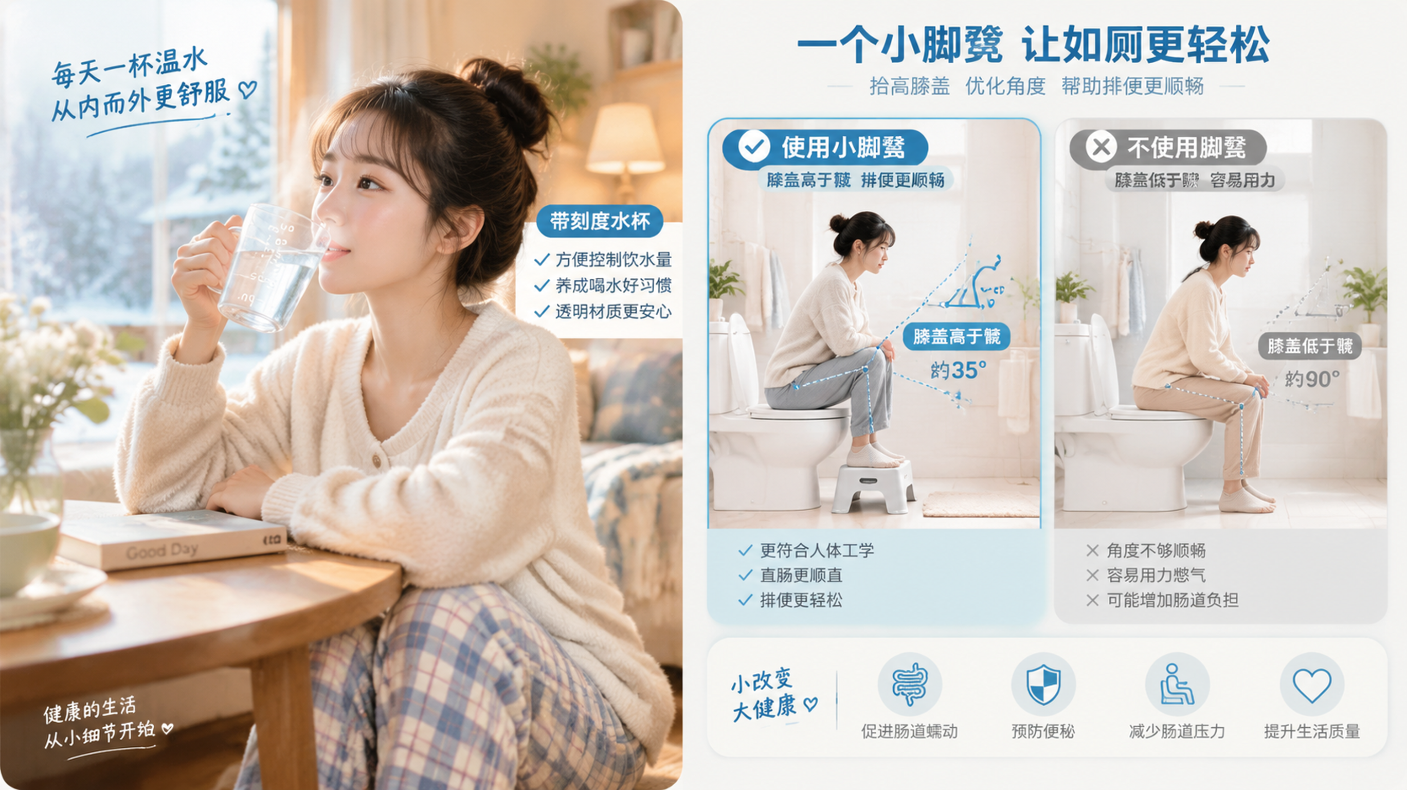 中国年轻女性在家中秋冬清晨场景,穿着舒适家居服,一手拿带刻度的透明水杯在餐桌旁喝温水;画面右侧以对比