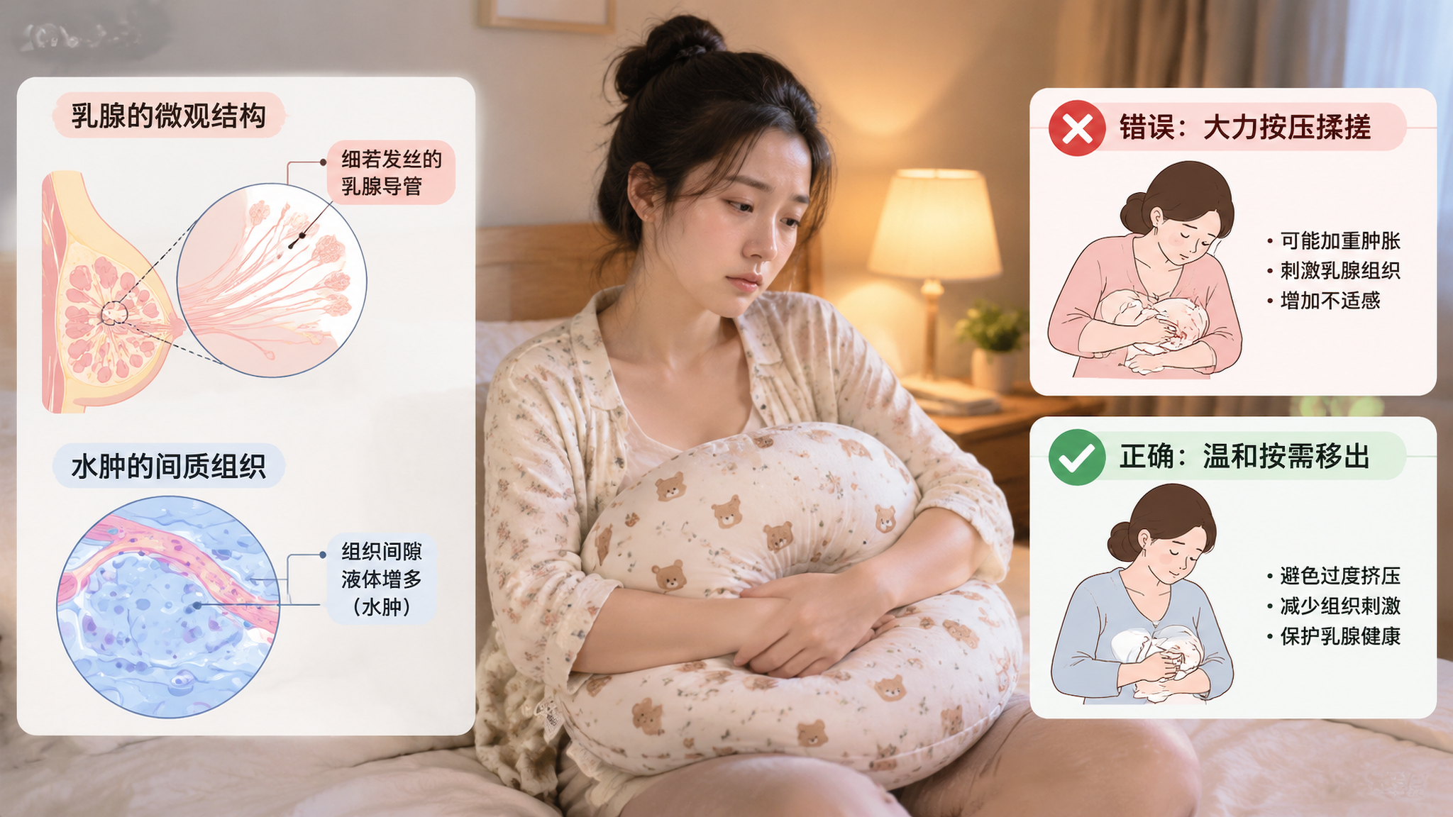 中国年轻妈妈在卧室夜间柔和台灯光下，坐在床边抱着哺乳枕，表情疲惫但克制；画面左侧以简笔医学插画叠加方