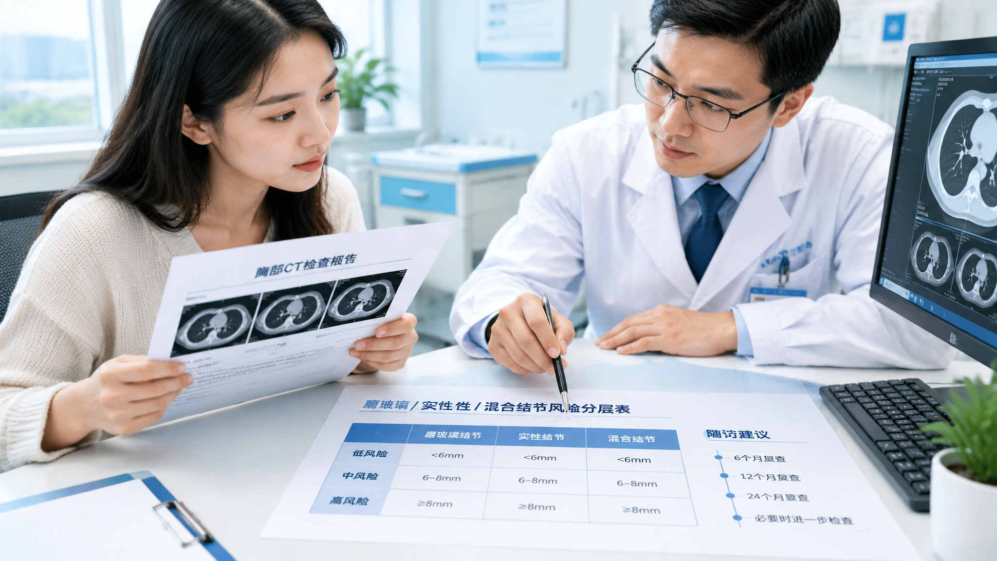 中国城市医院体检中心场景，一位中国年轻女性手里拿着胸部CT报告和随访时间轴纸张，旁边一位中国医生在桌