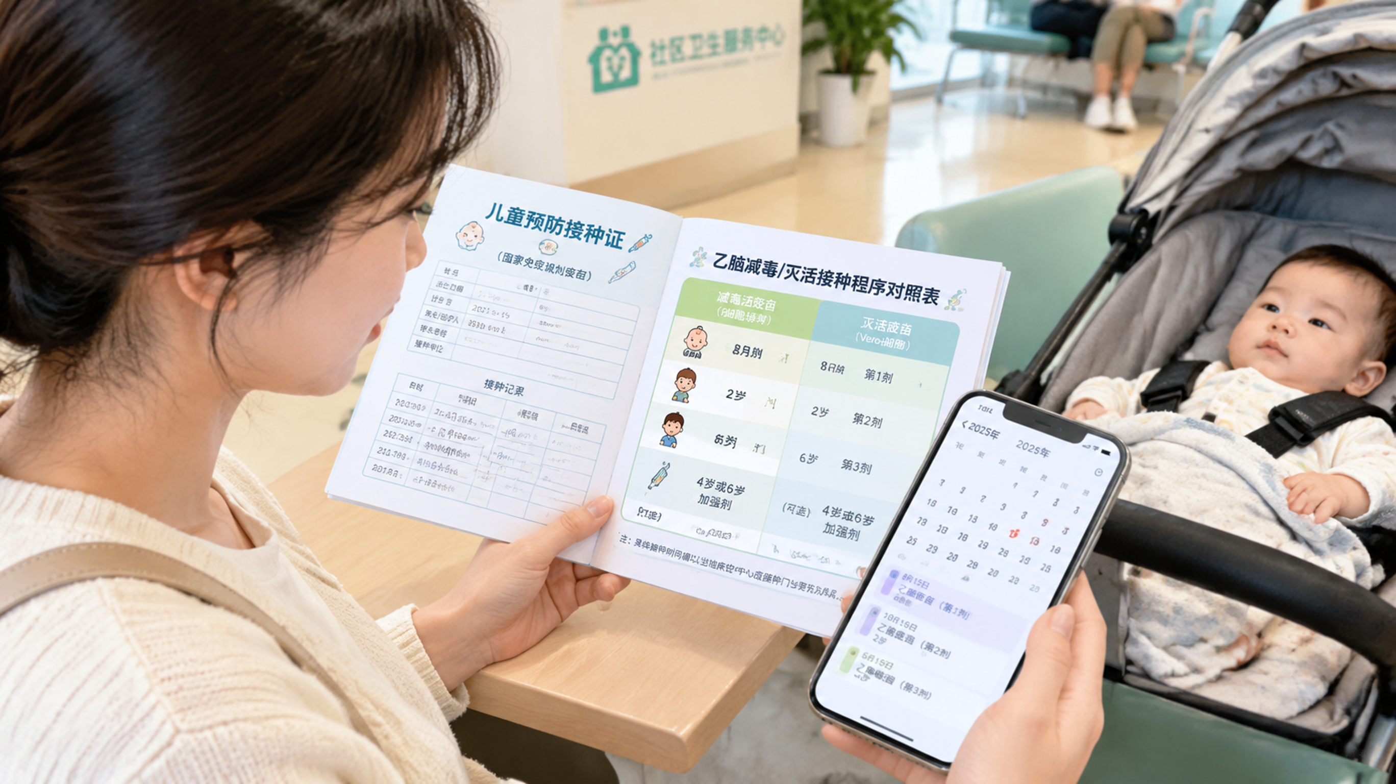 中国年轻妈妈在社区卫生服务中心的候诊区，手里打开宝宝预防接种证和手机日历，正在对照填写“乙脑减毒/灭