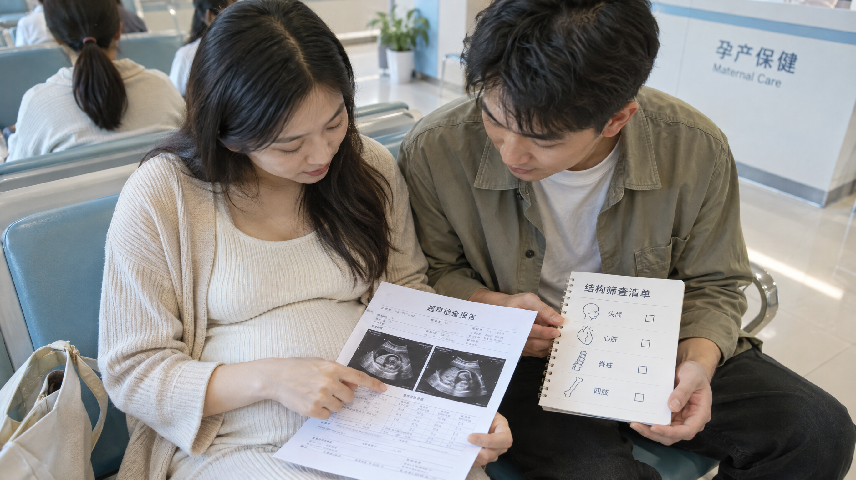 中国孕妇与中国年轻准爸爸坐在医院产检等候区的座椅上，手里拿着一张B超报告单认真查看，旁边放着一本“结