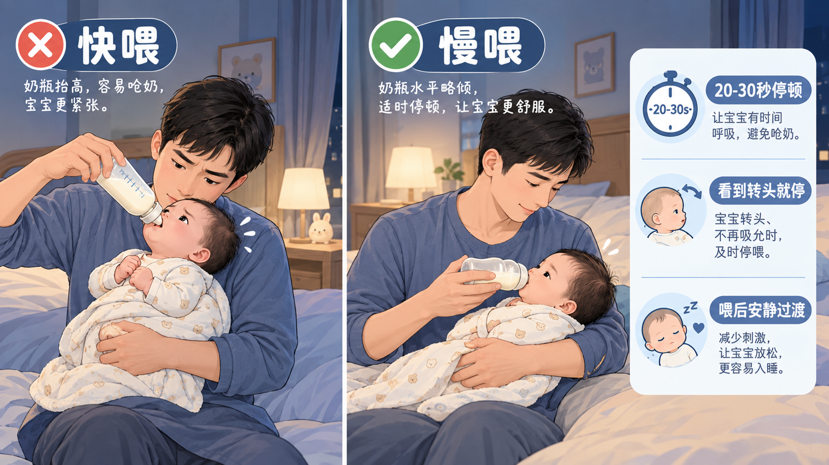 中国年轻家庭夜间卧室场景,一位中国年轻爸爸坐在床边进行瓶喂,新生儿/小月龄中国宝宝被半抱在怀里,画面