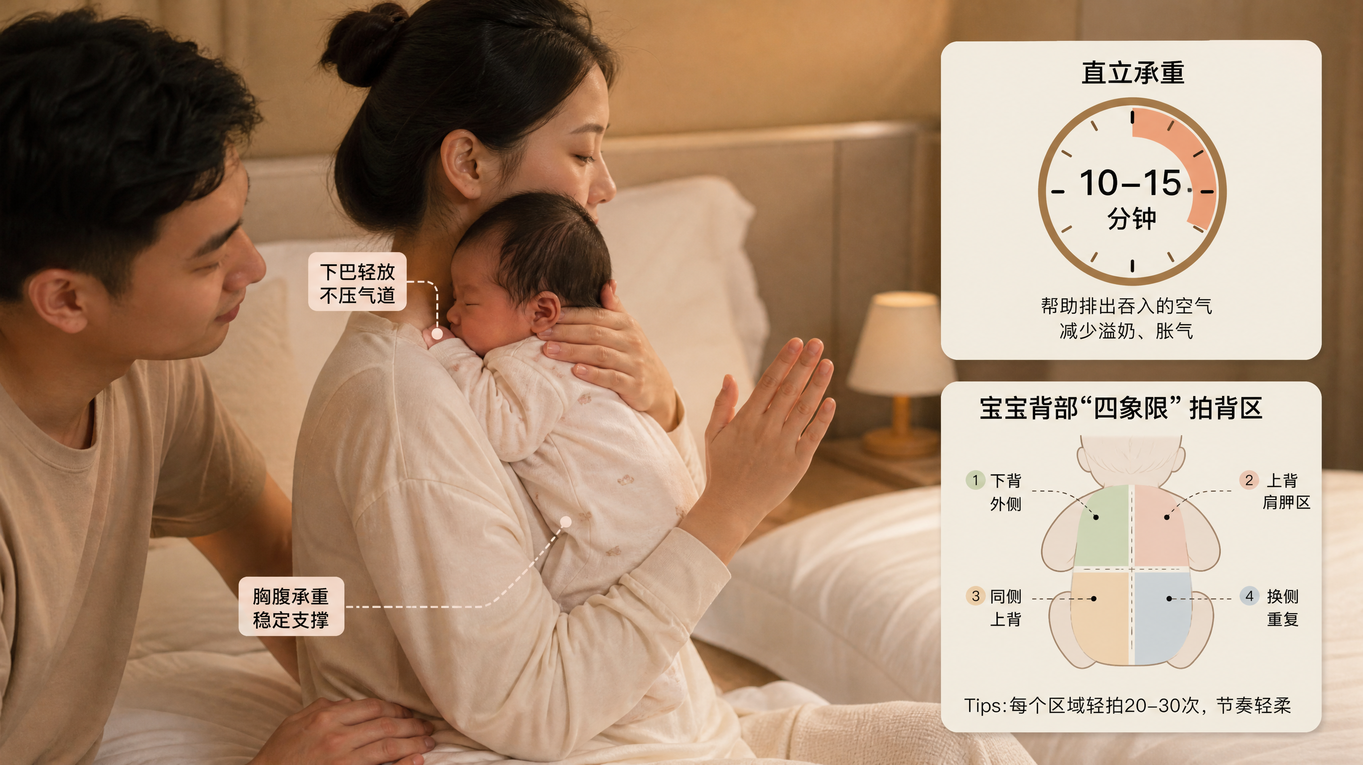 中国年轻父母在卧室夜间柔和小夜灯环境中照护中国新生儿,妈妈坐在床边或靠枕上,将宝宝贴胸直立抱起,宝宝
