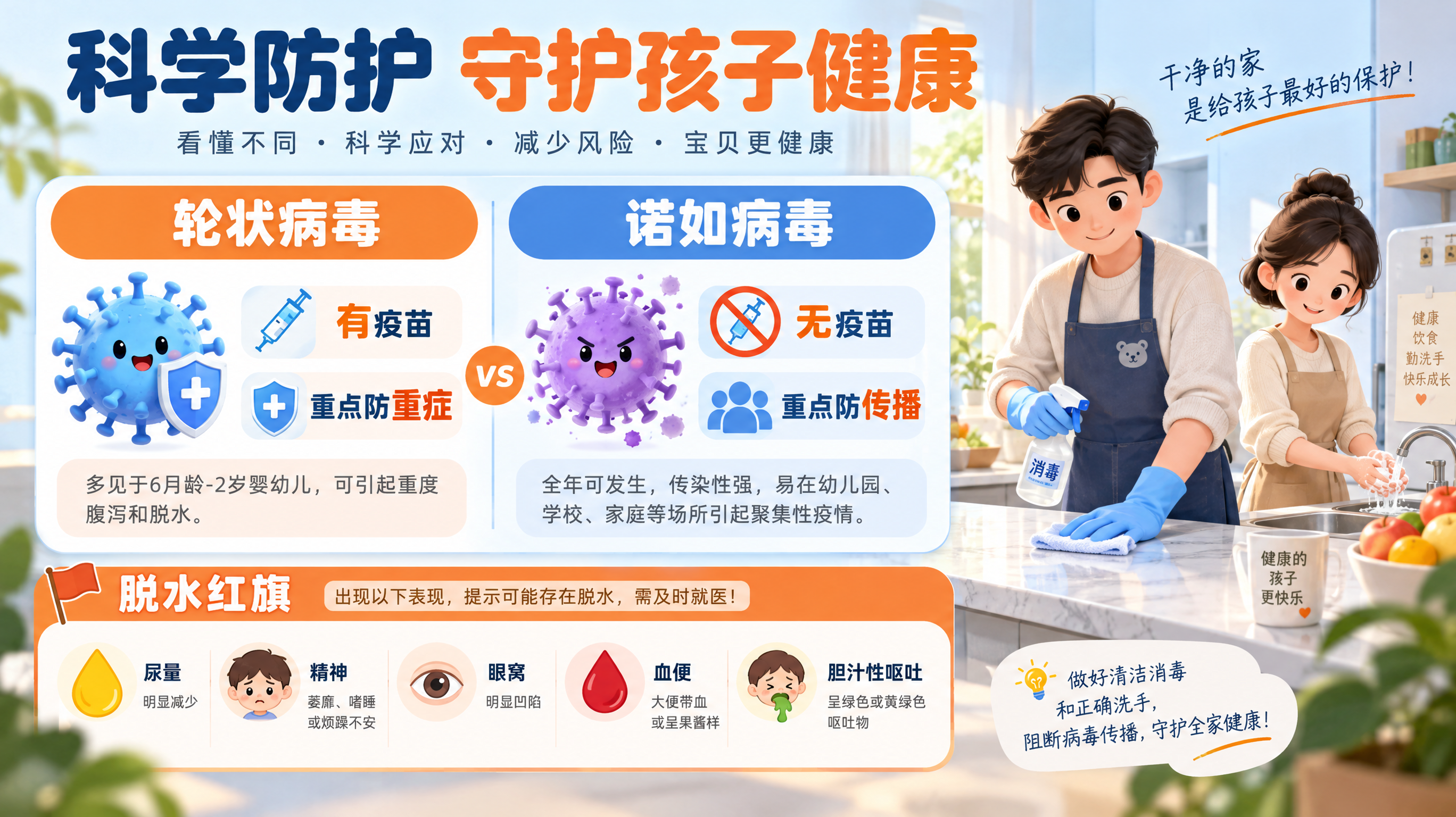竖版信息图风格插画,干净的浅蓝背景配警示橙点缀,画面中心是一张对照卡,左侧标题“轮状病毒”右侧标题“