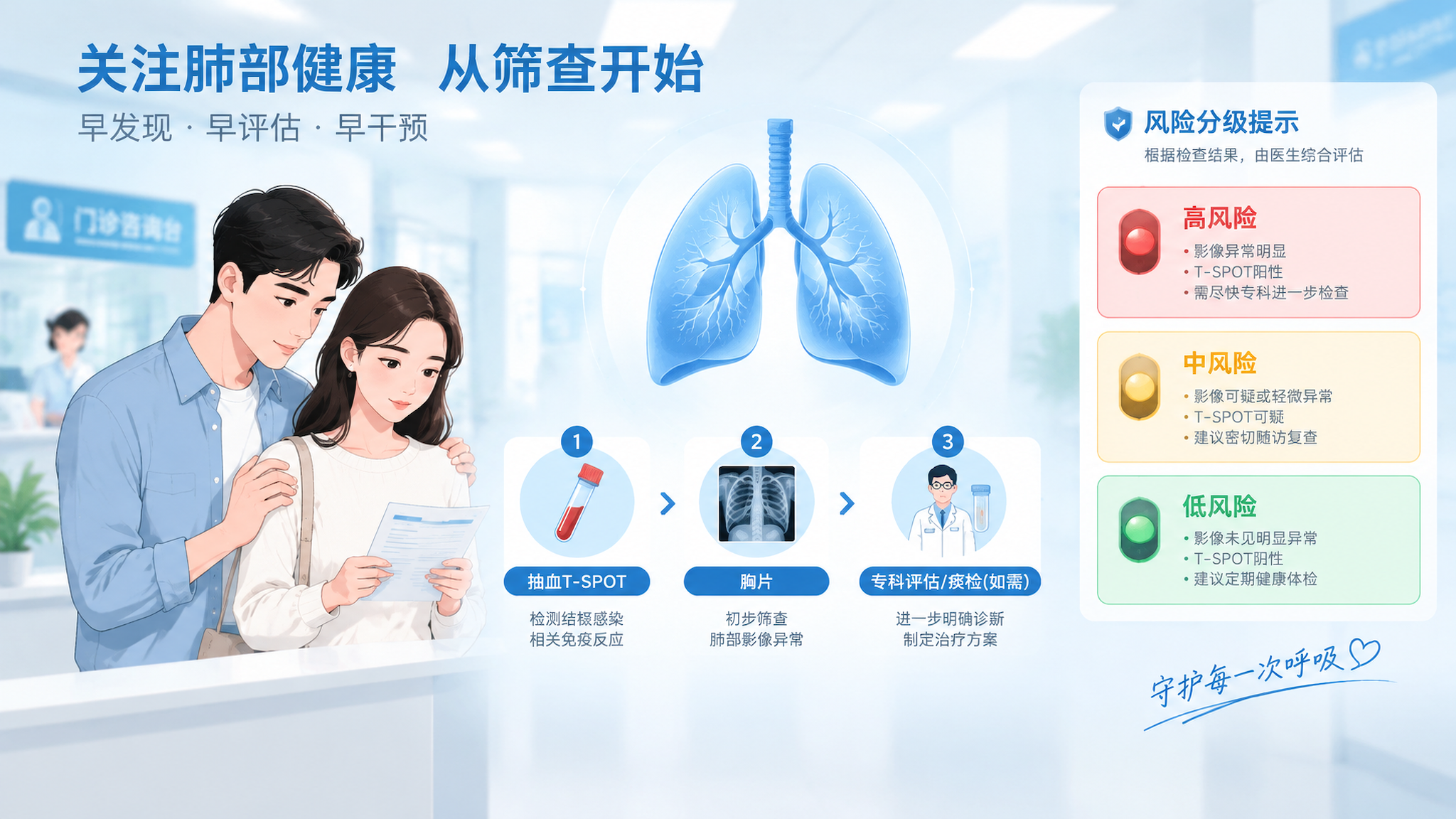 冷静蓝白医学风信息海报场景,画面中央为简洁肺叶插画作为核心主体,旁边以分步流程图展示“抽血T-SPO