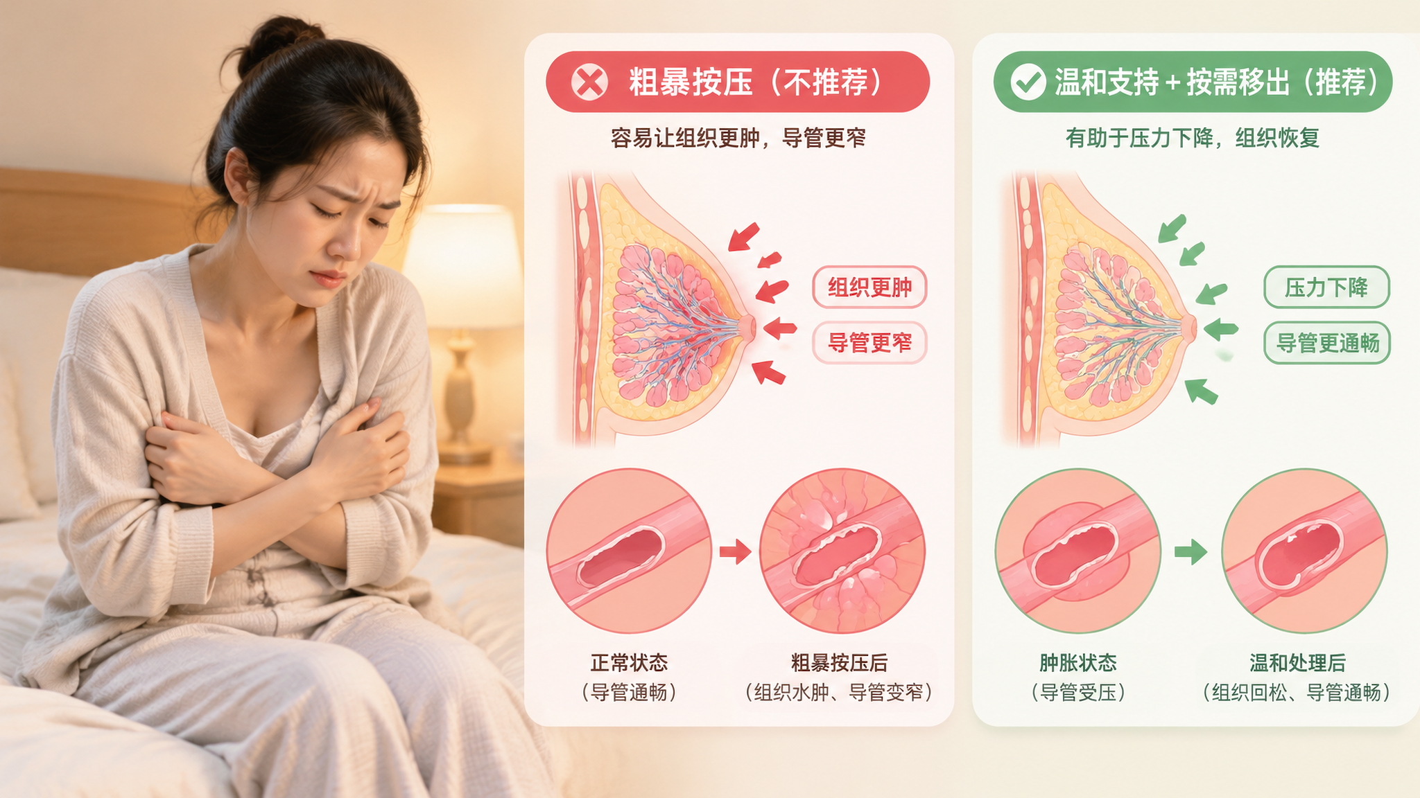 场景为温馨家庭卧室夜间,柔和床头灯光;中国年轻妈妈坐在床边,表情克制但明显疼痛与紧张,双臂抱胸保护姿