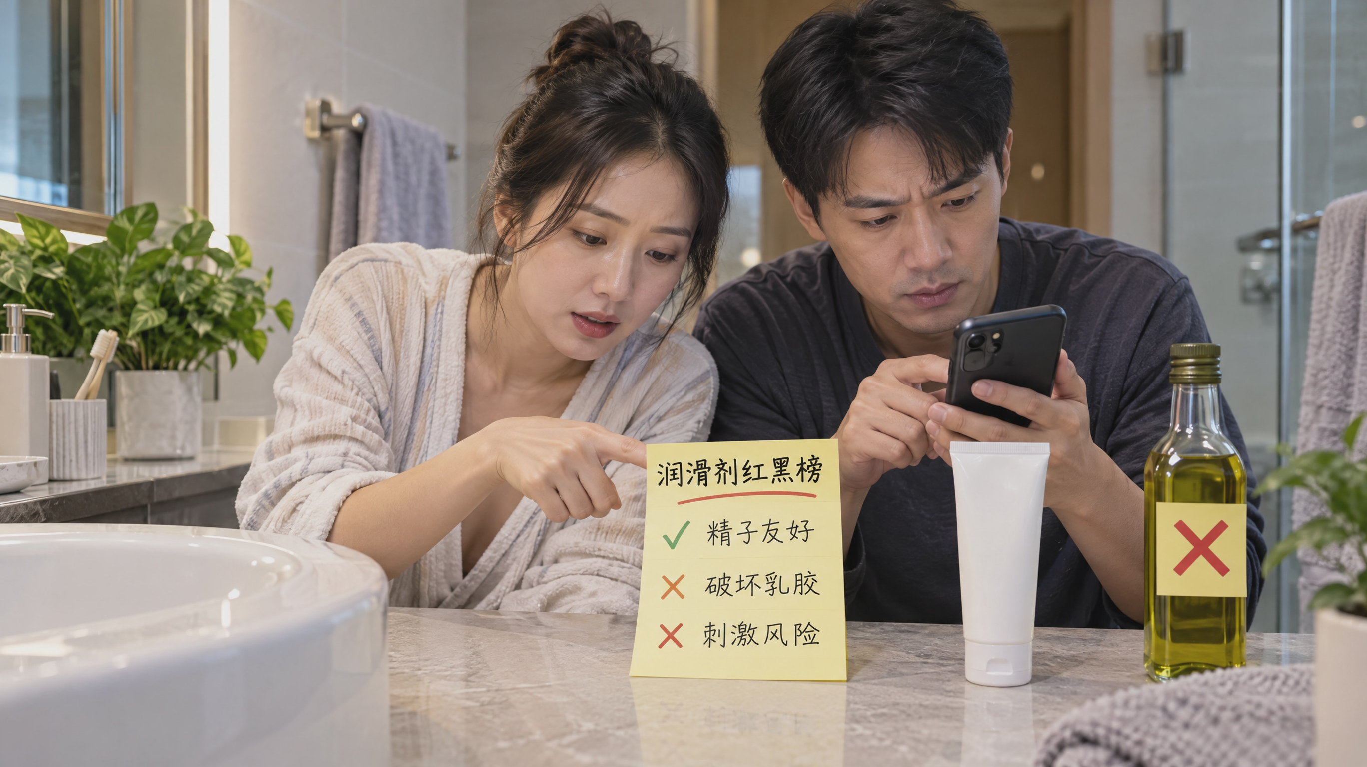中国年轻夫妻在家中干净明亮的卫生间台面前,女性用手指指向一张“润滑剂红黑榜”手写便签(分区写着:精子