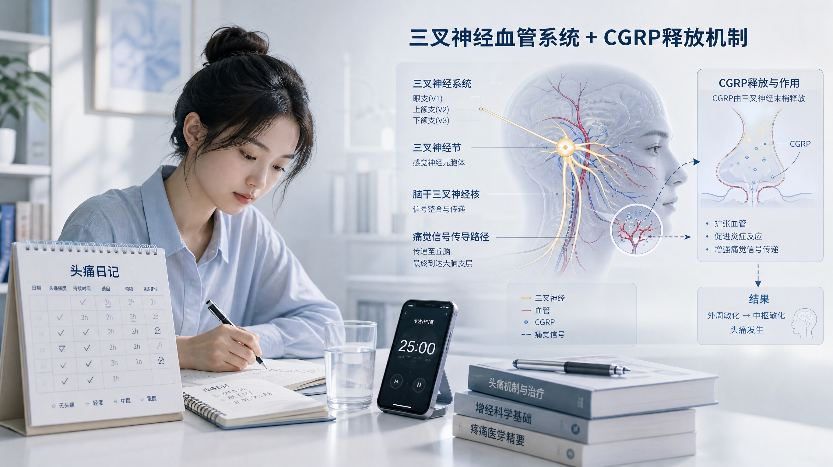科研感健康科普插画风场景，一位中国年轻女性坐在书桌前记录“头痛日记”，桌上有简洁的日历与笔记本，旁边