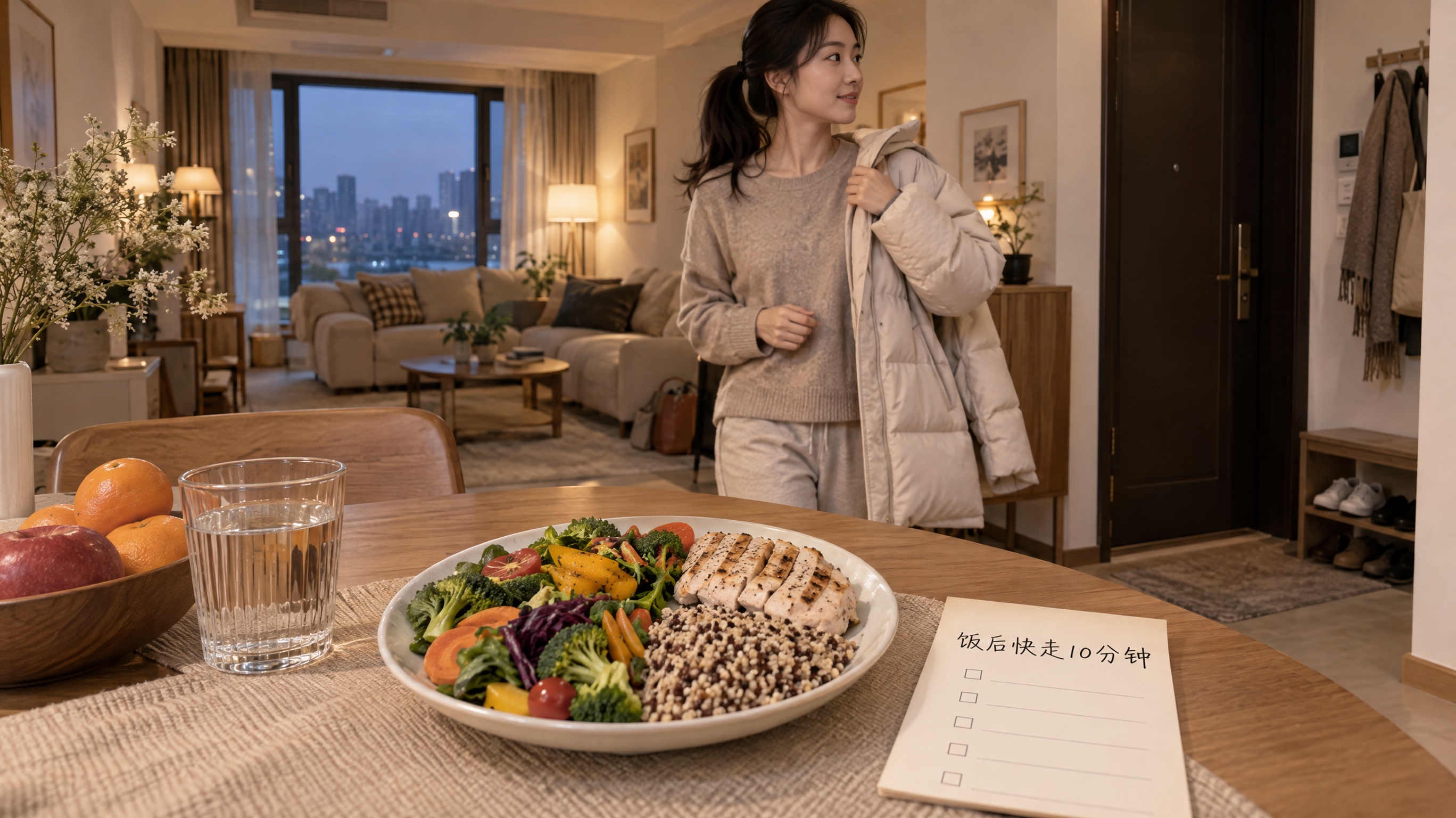 中国年轻女性在秋冬的温暖家中餐桌旁,桌上摆放一份“餐盘法”健康餐(半盘蔬菜、四分之一蛋白、四分之一低