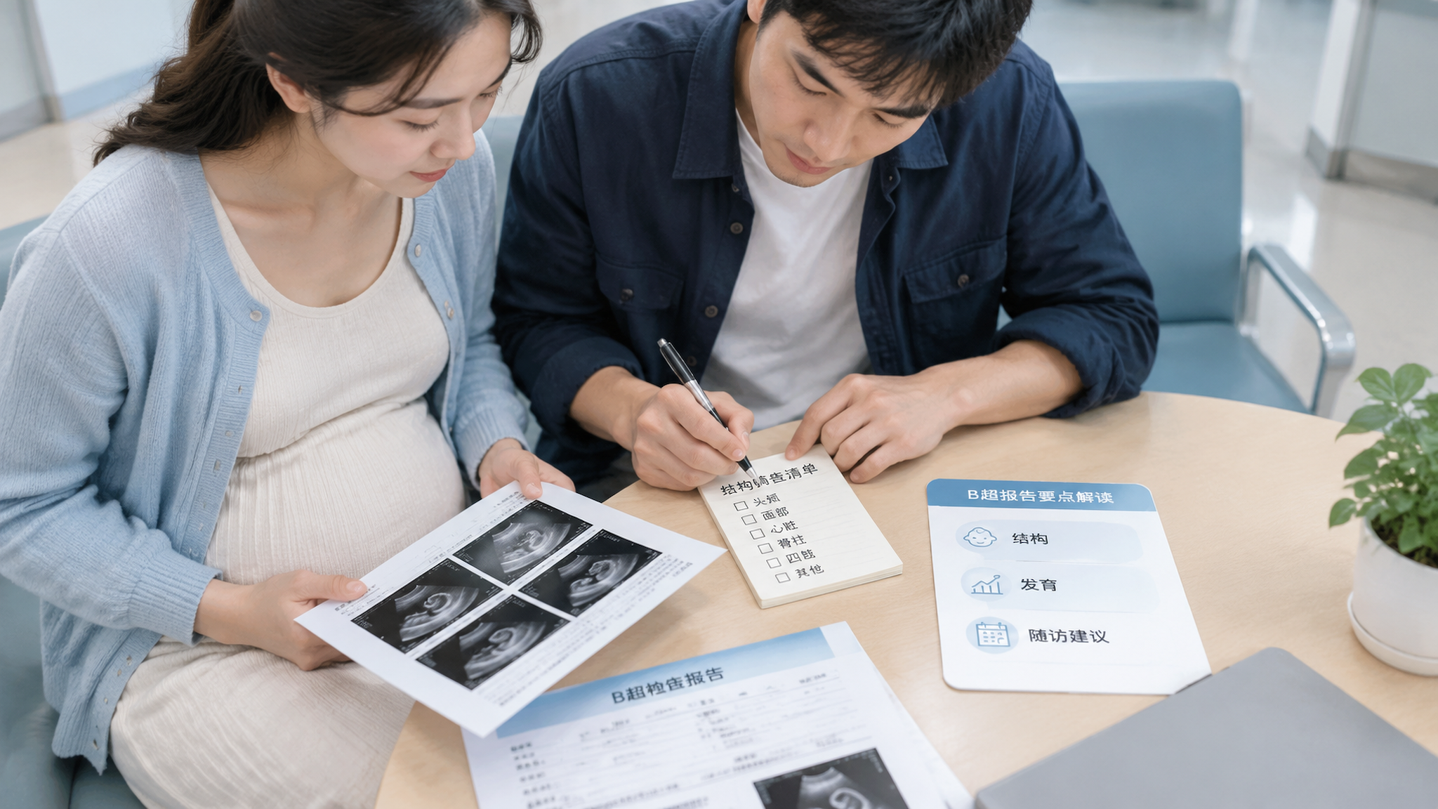 场景为医院产检后的安静等候区,中国年轻孕妈妈与中国年轻准爸爸坐在一起查看B超报告单,准爸爸用笔在“结