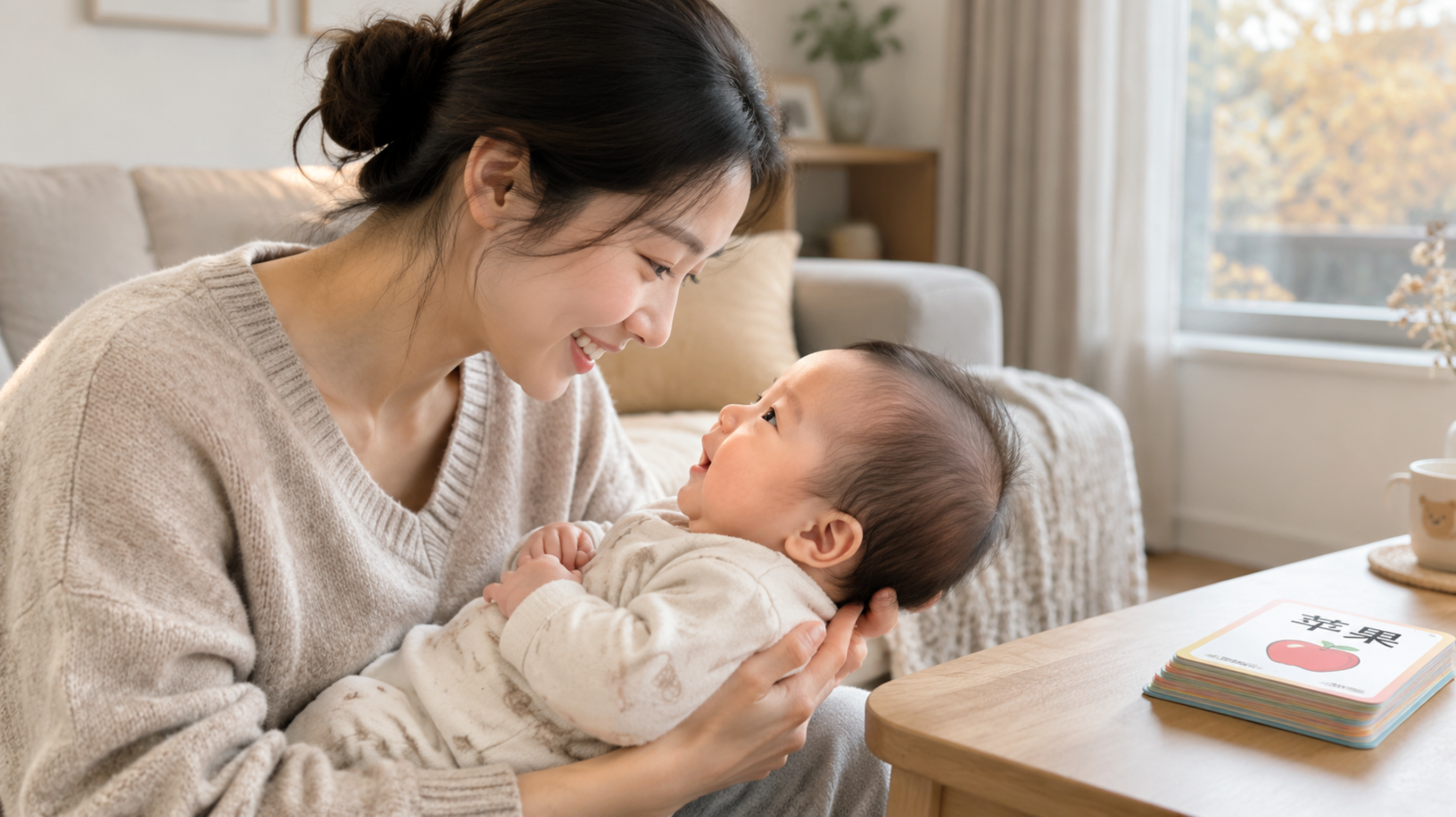 中国年轻妈妈在家中客厅抱着中国新生儿(0-3个月),宝宝与妈妈保持20-30厘米距离,妈妈温柔注视宝
