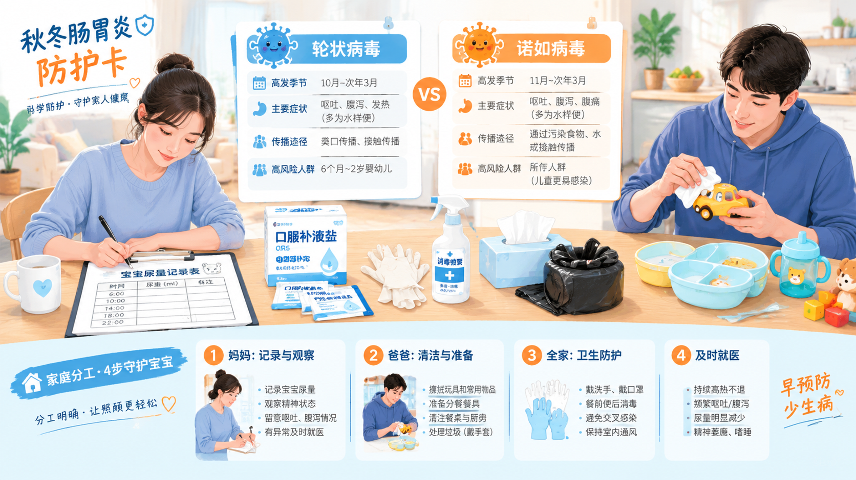 竖版信息图风格插画,场景为中国年轻父母在家中餐桌旁整理“秋冬肠胃炎防护卡”,桌上有两张对照卡“轮状病