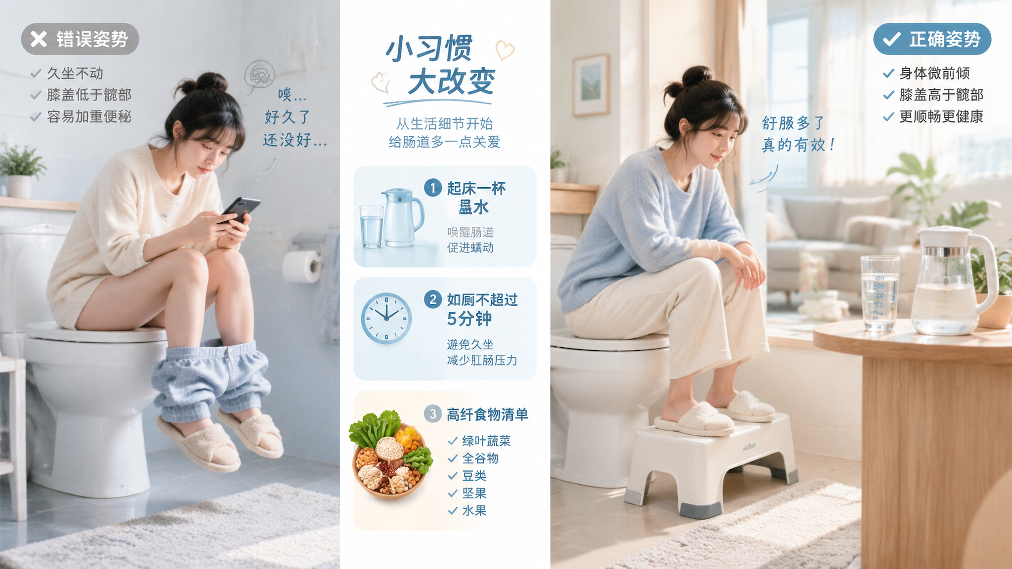 中国年轻女性在秋冬居家卫生间与客厅的生活场景组合画面,左侧:女性穿家居服坐在马桶上脚悬空、低头看手机