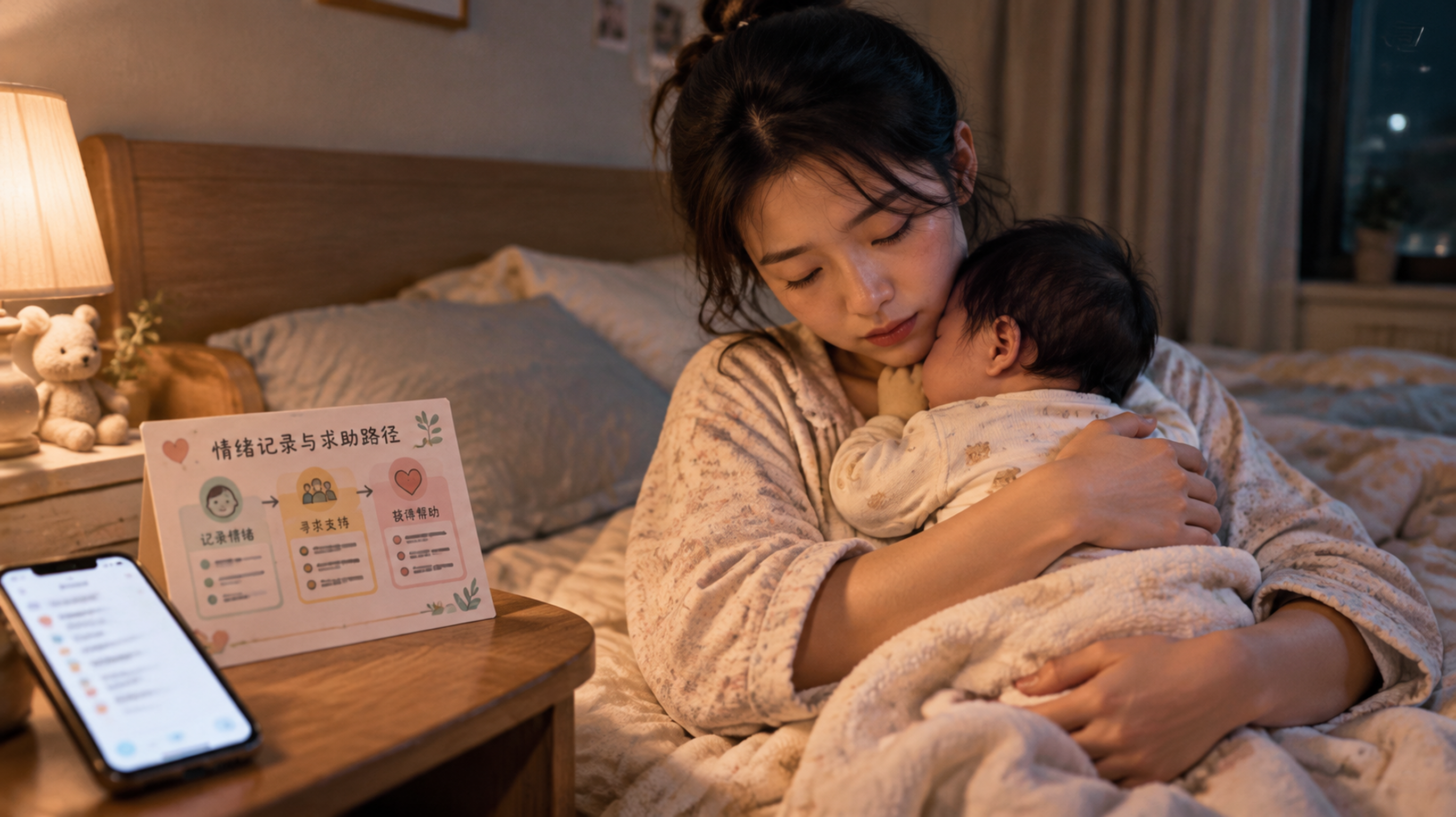 中国年轻新手妈妈坐在卧室床边，夜间喂奶后抱着婴儿轻轻安抚，床头暖色小夜灯照亮，画面一侧放着手机备忘录