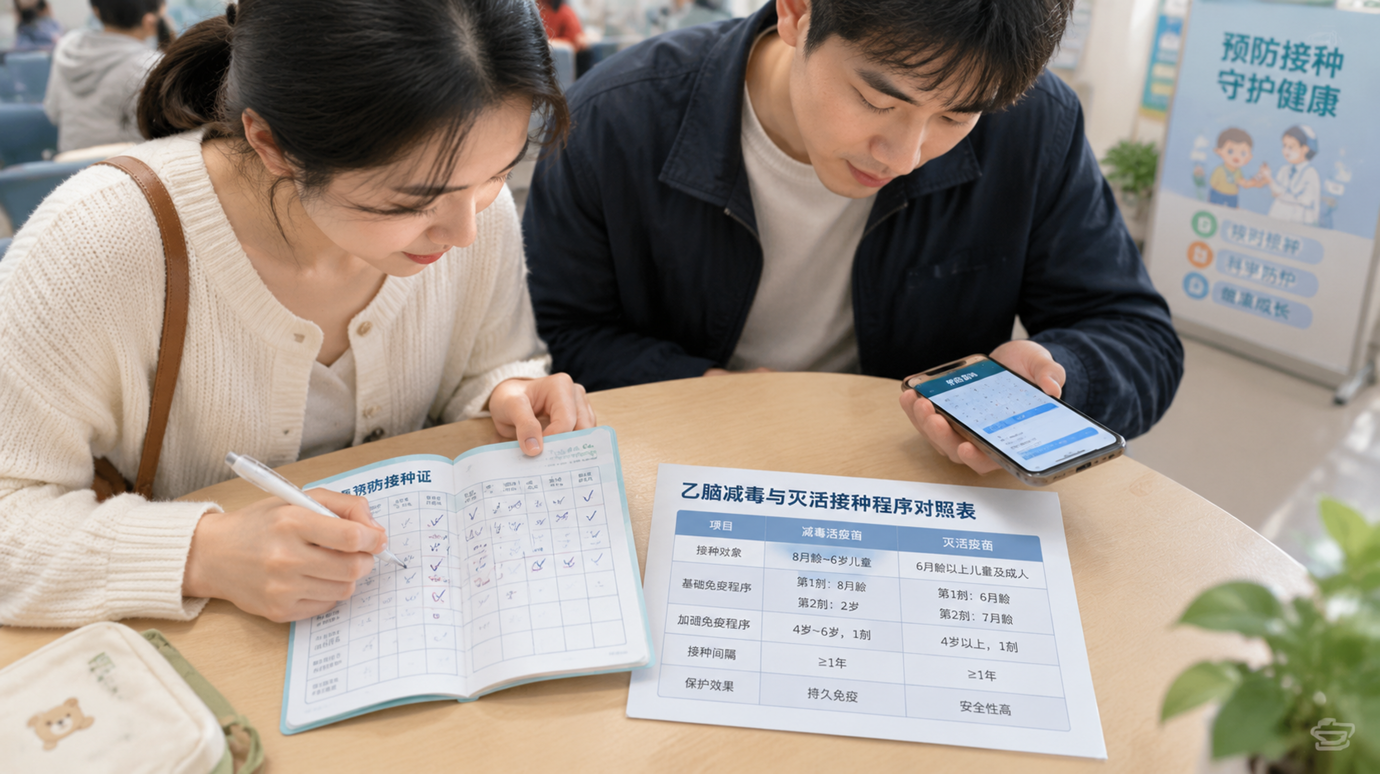 中国年轻父母在社区卫生服务中心的等候区,妈妈手拿儿童预防接种证在本子上做接种日历标记,爸爸在旁边用手