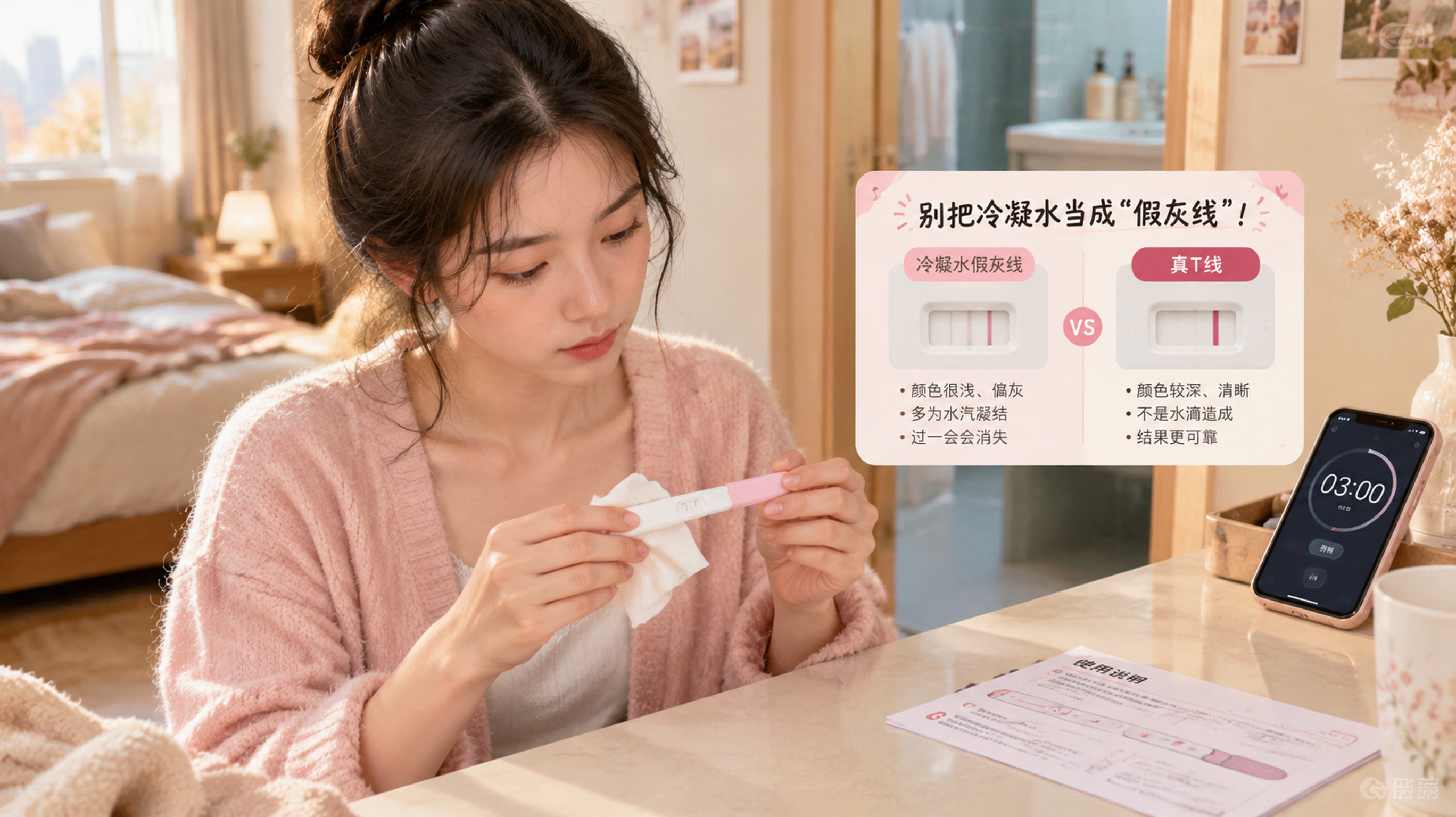 中国年轻女性清晨在家中卧室与卫生间门口的过渡区域,手里拿着验孕棒,另一只手拿纸巾轻轻擦拭试纸外壳上的