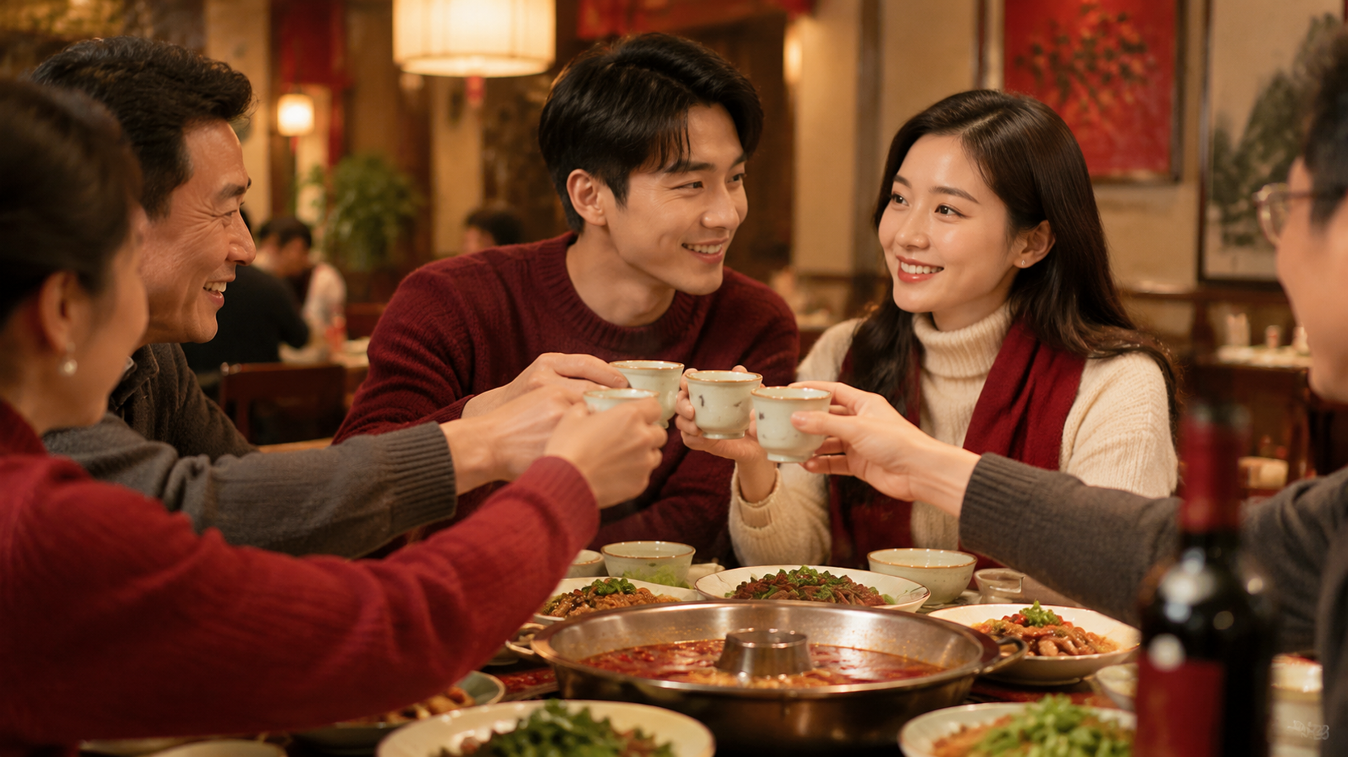 中国年轻夫妻在秋冬餐厅聚餐场景中，桌上有火锅与家常菜，周围有亲友举杯劝酒的氛围但不夸张；夫妻微笑坚定