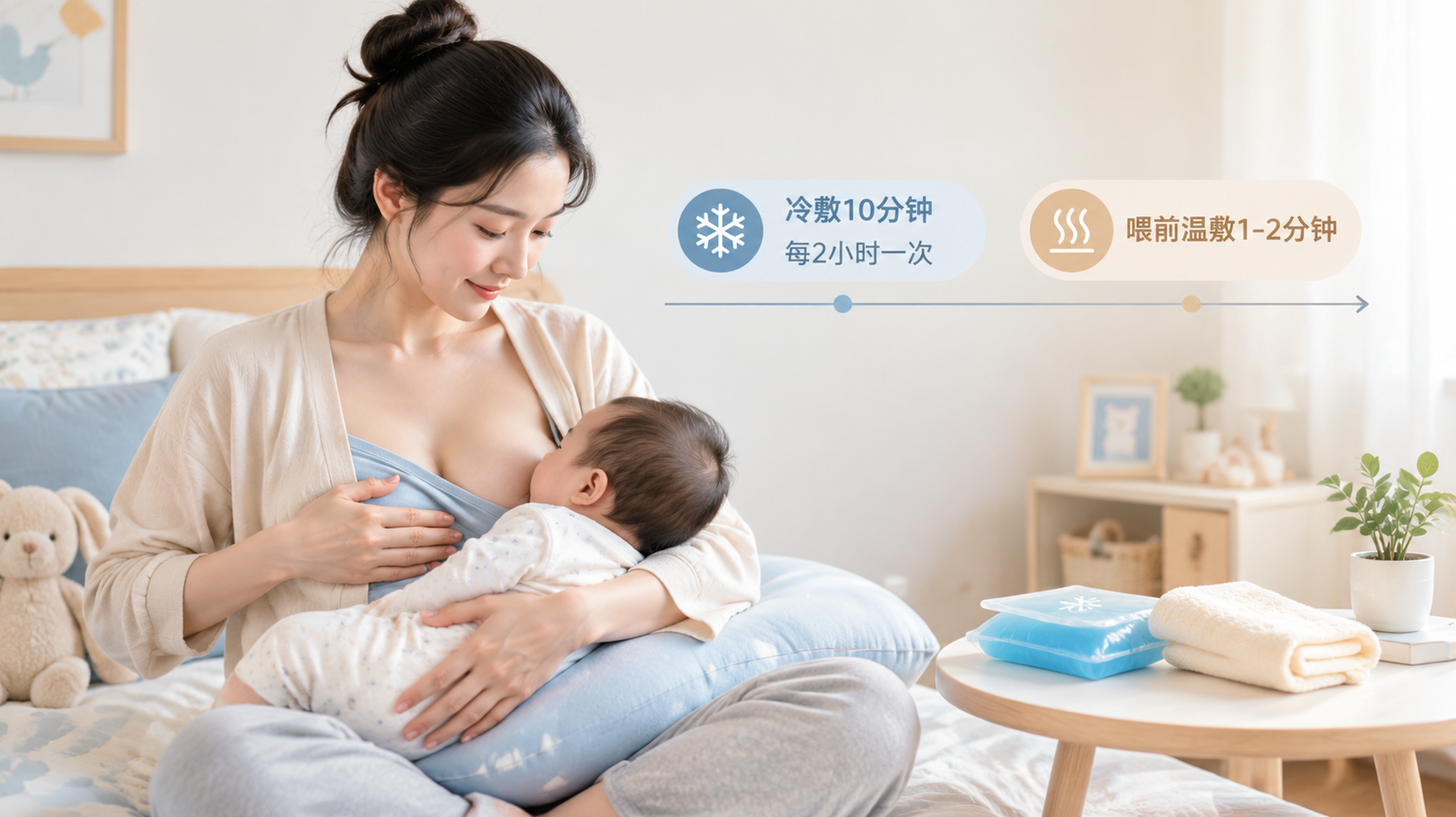 中国年轻妈妈在卧室/母婴角落坐姿抱婴,旁边有简洁的时间轴示意“冷敷10分钟-每2小时一次、喂前温敷1