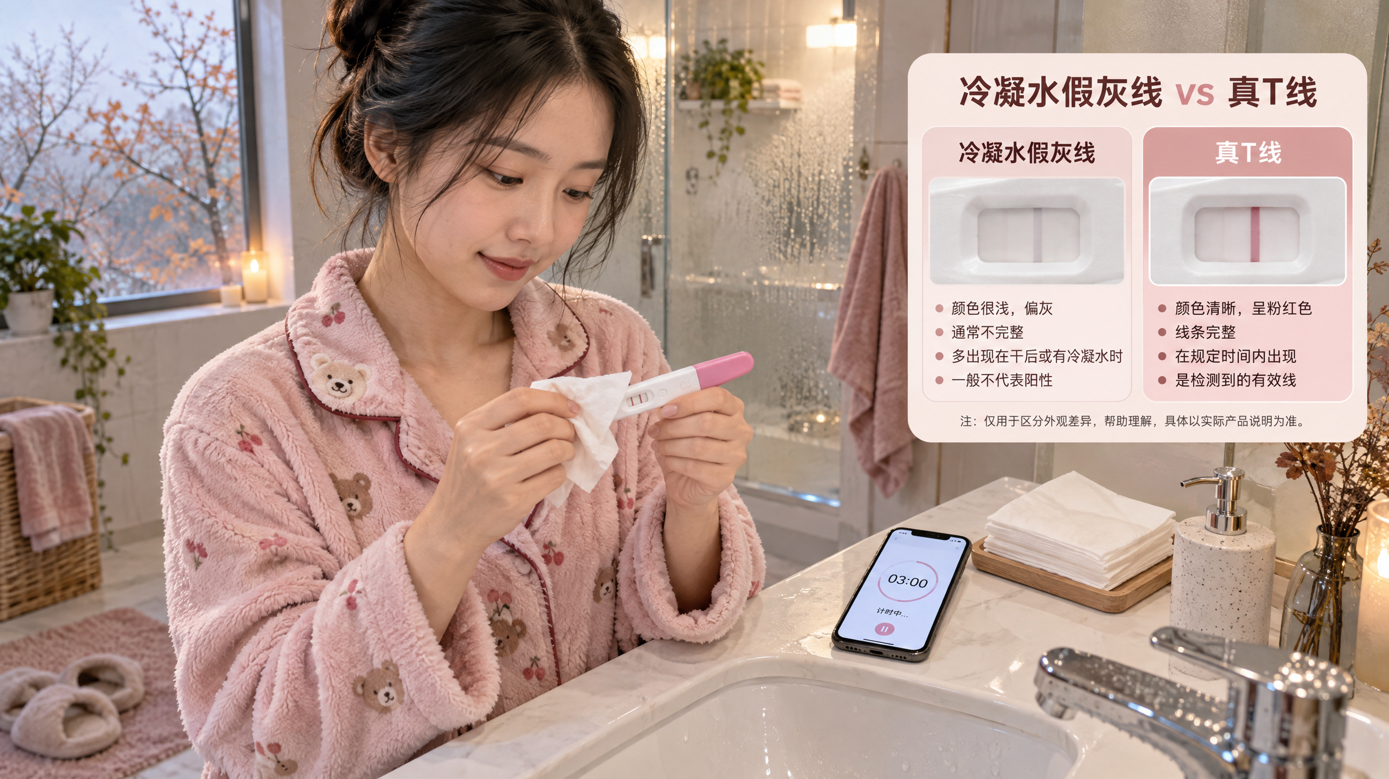 中国年轻女性在深秋清晨的家用卫生间洗手台前，穿着柔软居家睡衣，手拿验孕棒并用纸巾轻轻擦拭包装外的水汽