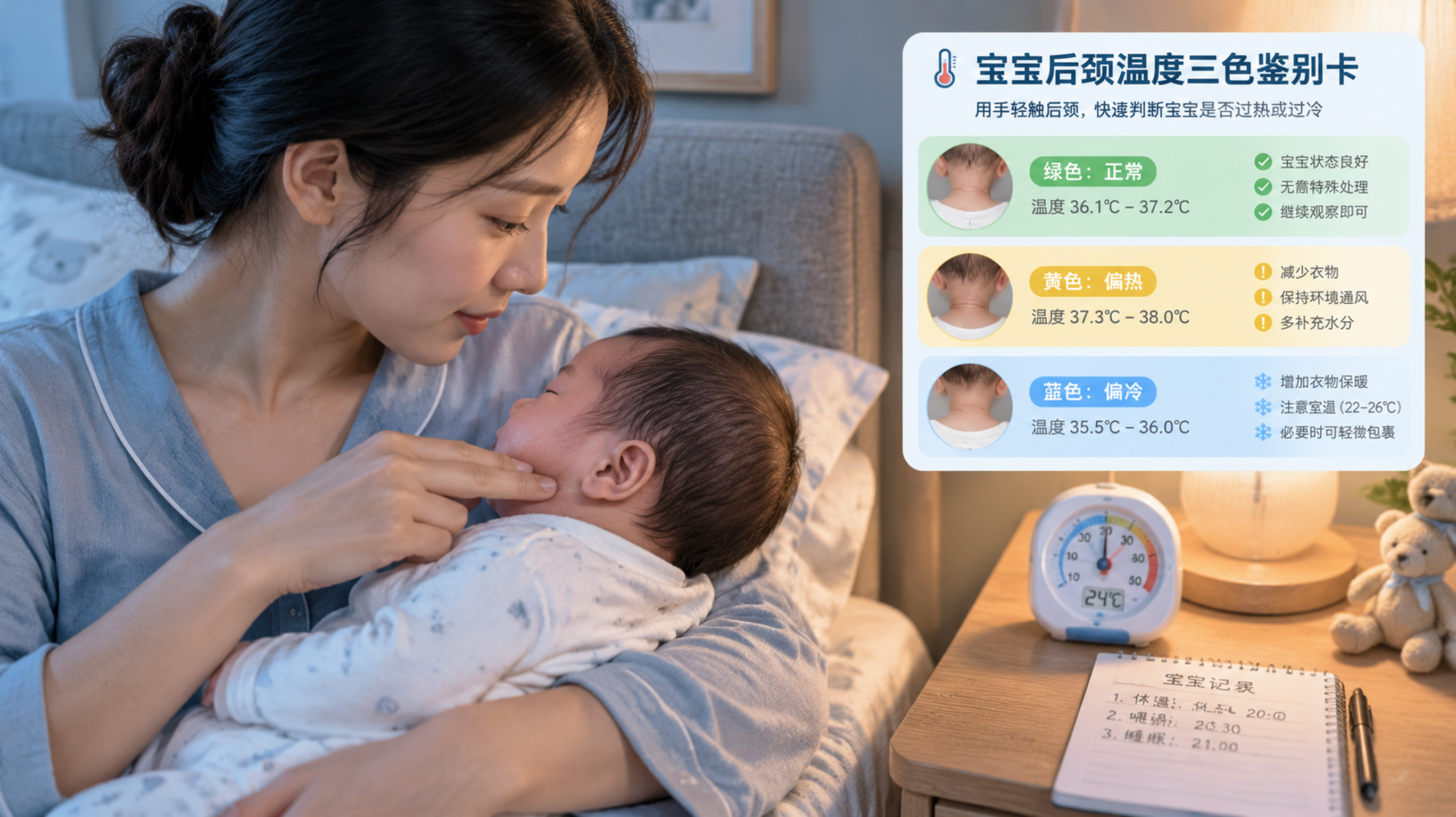中国年轻妈妈在夜间卧室里抱着新生儿，妈妈用手指轻触宝宝后颈进行温度判断，床头柜上有室温计与简单记录本