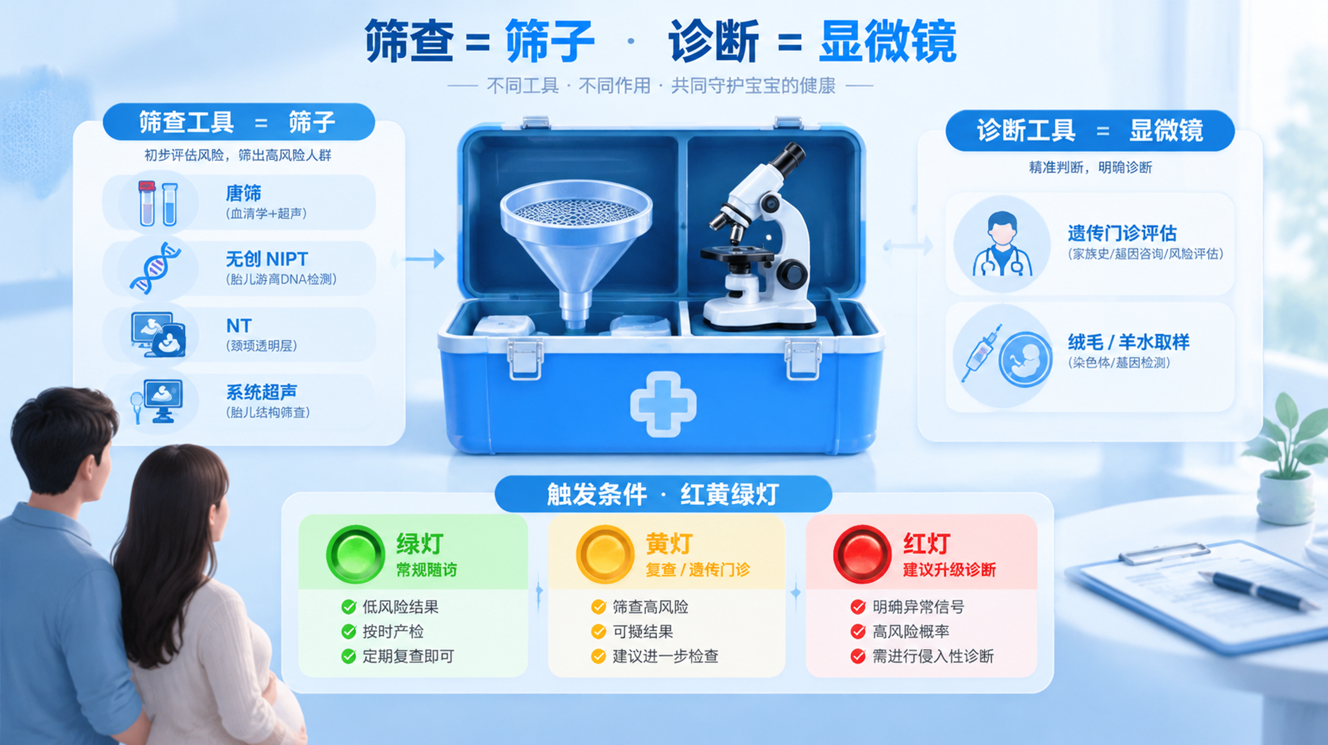 科普信息图风格画面，科技蓝与白色主色调，画面中心是一只打开的“产前检查工具箱”，左侧是“筛子”象征筛