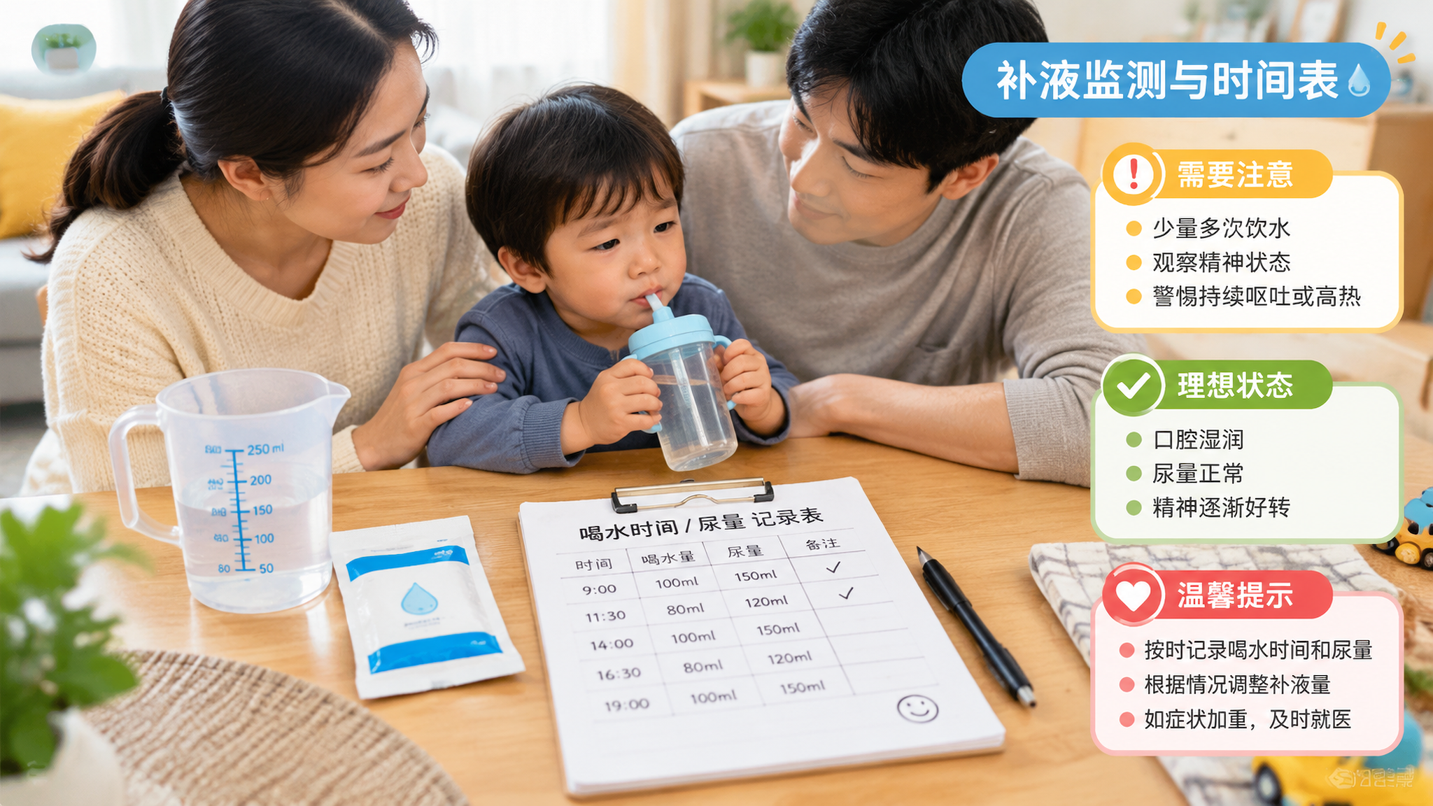 中国年轻父母在家中餐桌旁照顾一位中国幼儿，幼儿嘴巴不适但在家长安抚下用吸管杯小口喝水；桌上有带刻度的