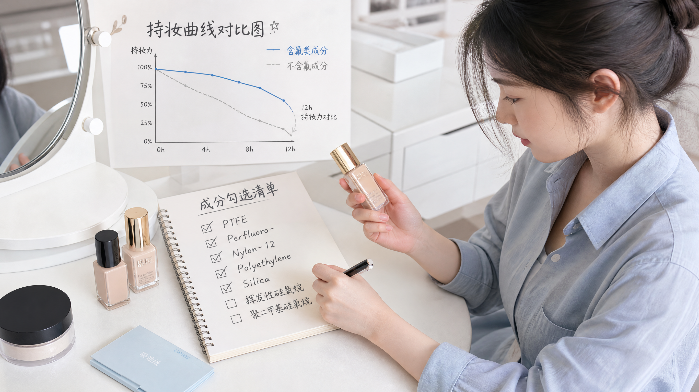 中国年轻女性在明亮的梳妆台前，手拿一支底妆产品对照笔记本上的“成分勾选清单”，桌面摆放简洁的粉底液、