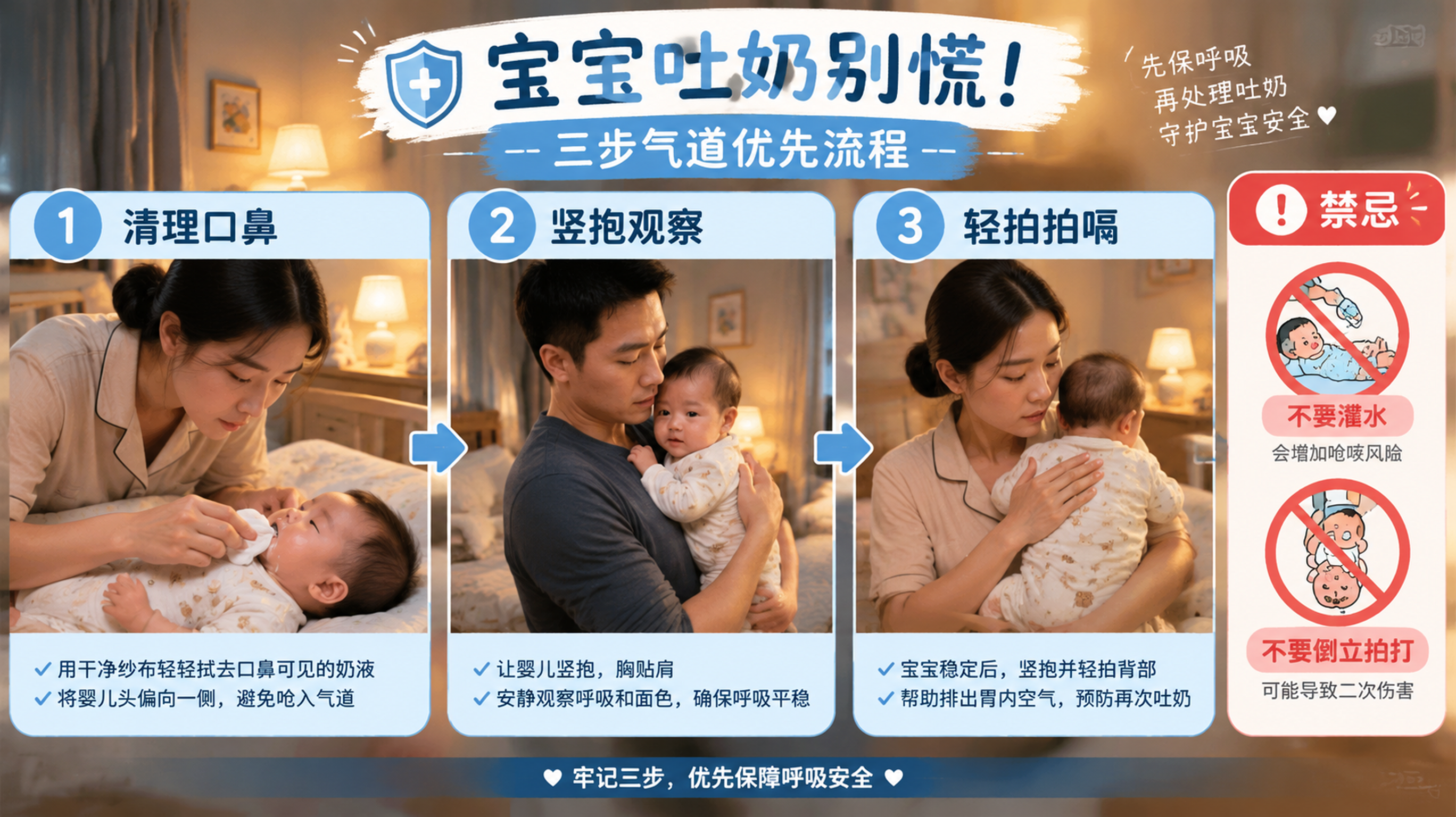 场景为中国家庭卧室夜间，暖色小夜灯照明，年轻中国爸爸妈妈在婴儿床旁协作处理婴儿吐奶；画面核心主体为“