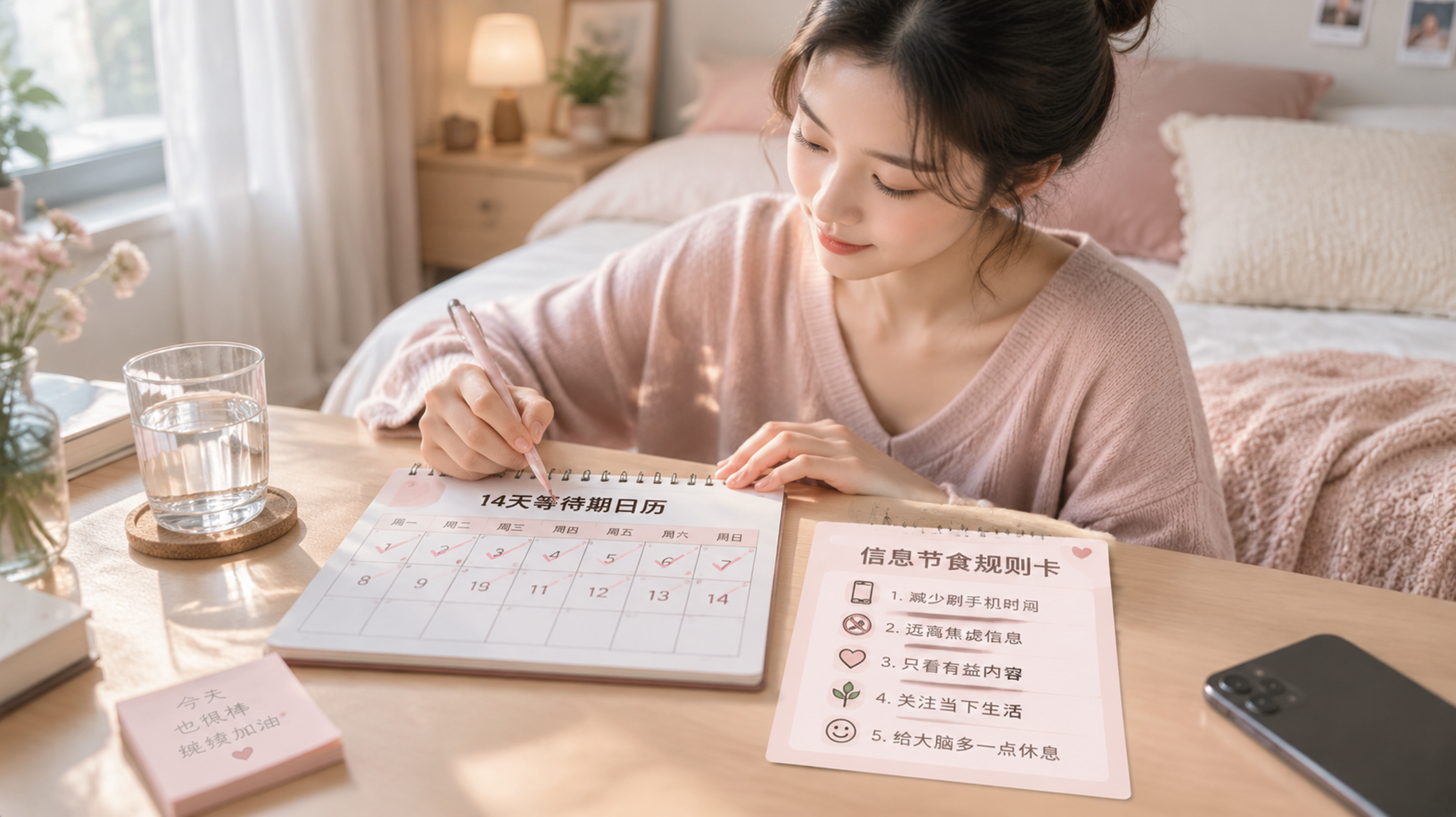 中国女性坐在卧室床边的小桌前,桌上摊开“14天等待期日历”和“信息节食规则卡”,用笔在日历上打勾记录