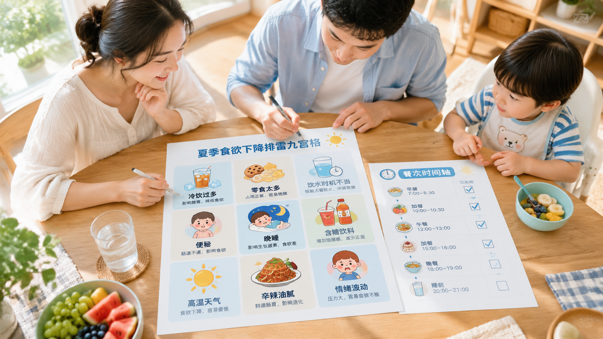 中国年轻父母在明亮整洁的家庭餐厅里,桌面摆放九宫格信息图风格的卡片(冷饮、零食、饮水时机、便秘、晚睡