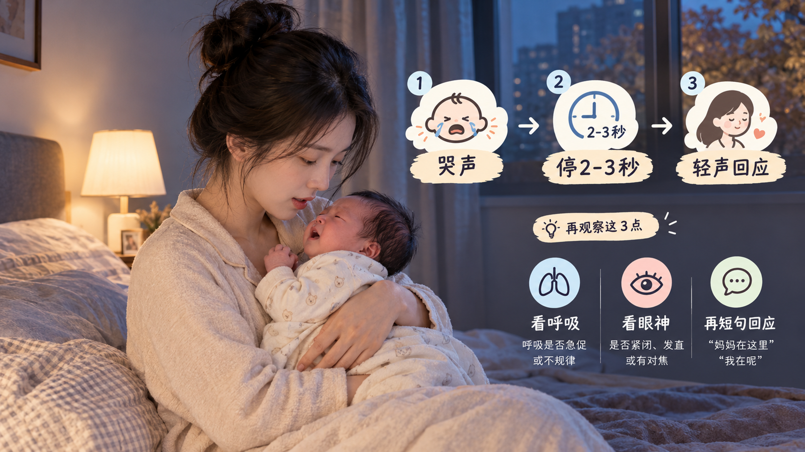 中国深秋夜晚的卧室场景，窗户关闭、窗帘半拉，低饱和蓝灰色环境与暖米色床头灯形成对比；中国年轻妈妈坐在