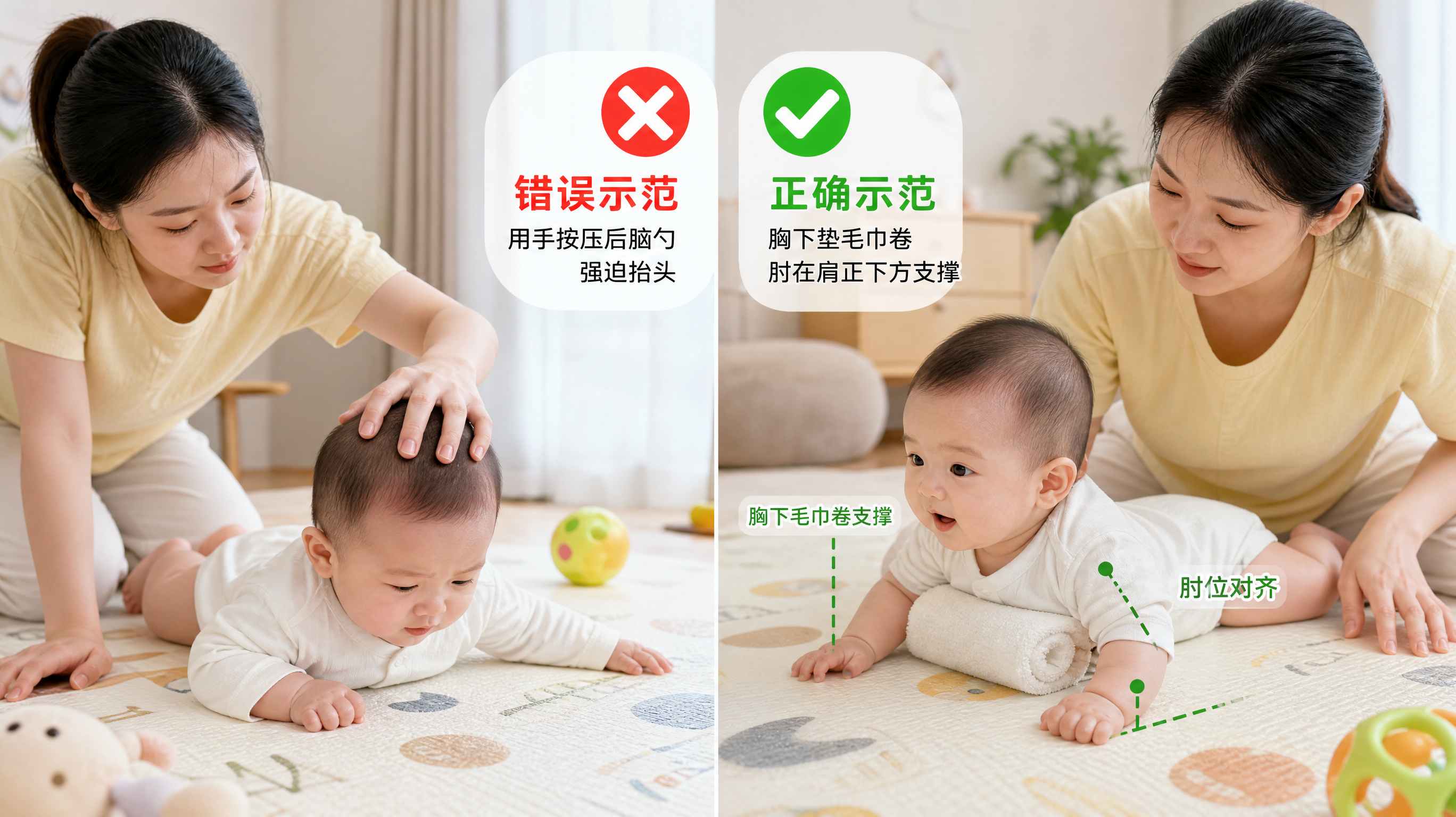 中国年轻妈妈在家中客厅地垫旁示范婴儿俯卧练习的正确与错误对比构图,画面分为左右两栏:左侧错误示范为家